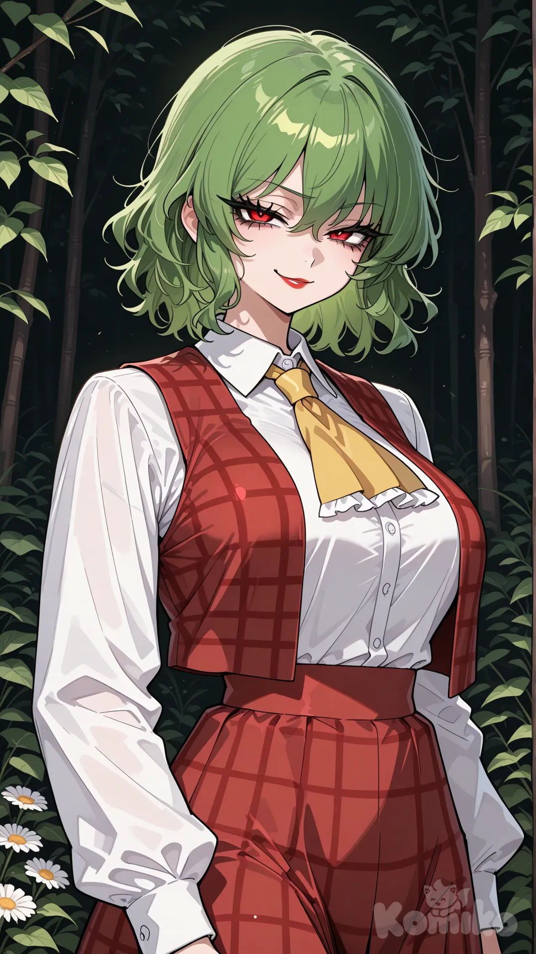 solo, squinted eyes, glare, thick eyelashes, black eyelashes, thick lines, wide shoulders, toned body, outside, looking at viewer, kazami yuuka, green hair, red eyes, medium hair, smug, fully clothed, red lipstick, red skirt, red vest, sleeveless vest, white shirt, long sleeves