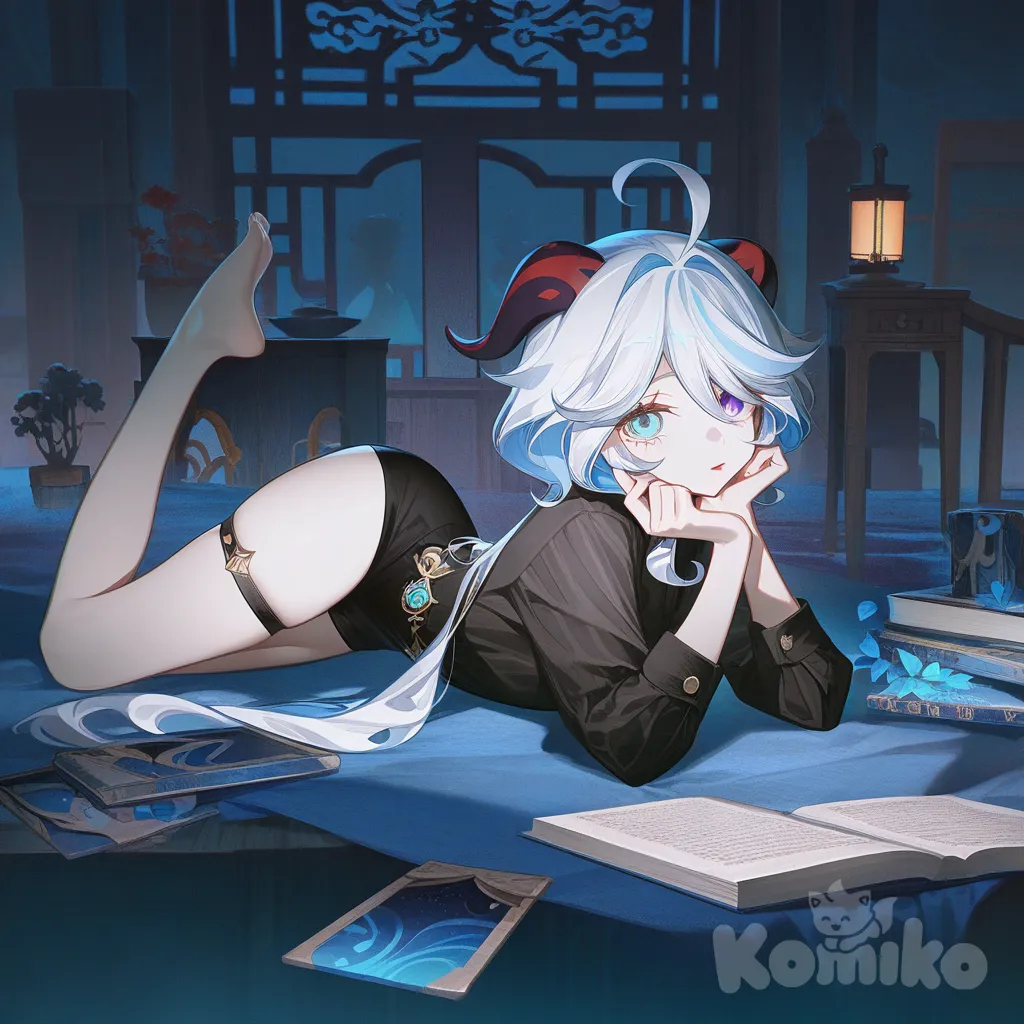 @Ganyu_(Genshin_Impact), [high-contrast-glossy-style], lie on stomache, full body, looking at viewer, @Furina_(Genshin_Impact), @Jean_(Genshin_Impact)