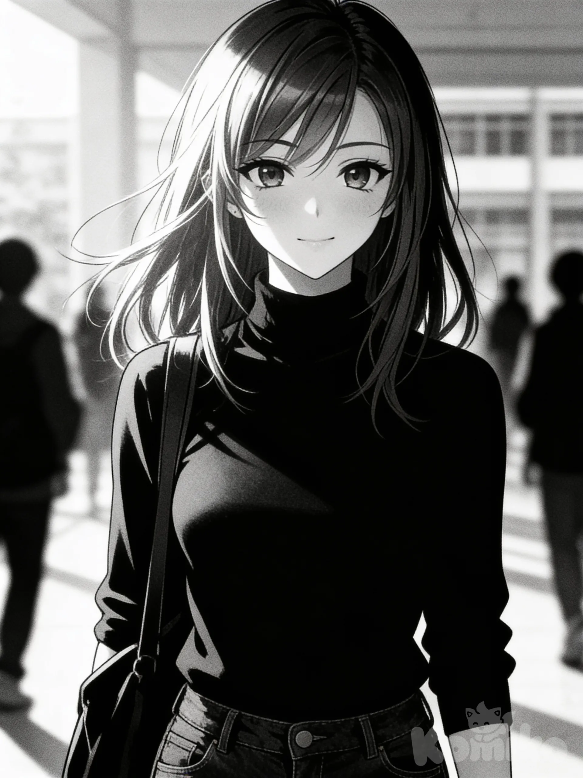 Manga japonés en blanco y negro, estilo narrativo introspectivo y realista.
Komiko llegando a la universidad, vista de frente, plano medio corto, rostro claramente visible.
Expresión serena y contenida, mirada tranquila, sin sonrisa exagerada.
Cabello largo suelto enmarcando el rostro, ligeramente movido por el aire.
Luz de la mañana iluminando suavemente su rostro.
Fondo de universidad desenfocado con otros estudiantes, sin rostros definidos.
Estilo manga seinen / slice of life, grano suave, sombras delicadas, énfasis en el rostro y la atmósfera silenciosa.
Sin texto.
