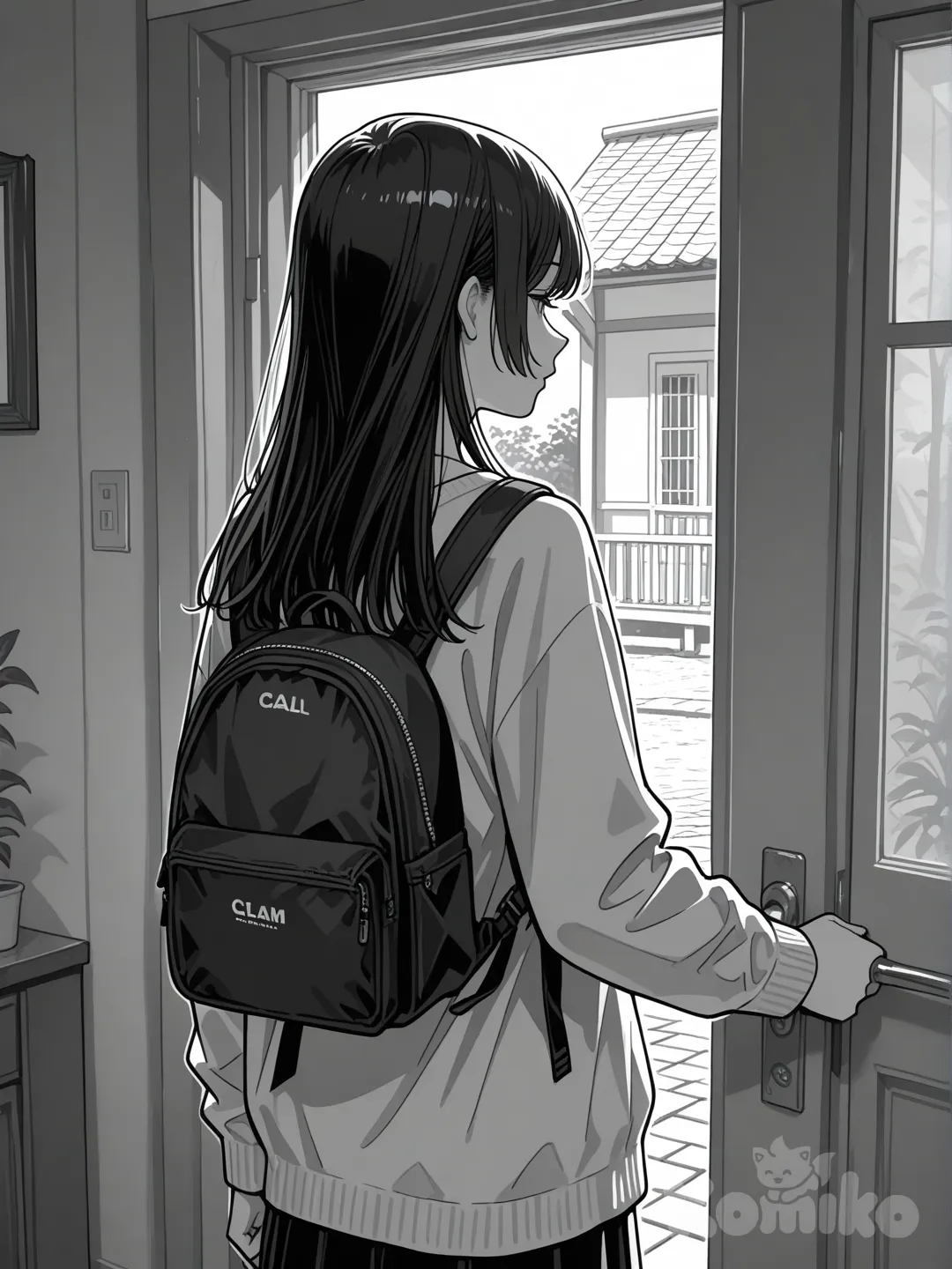 manga panel composition,
black and white,
grayscale,
slice of life,
realistic everyday tone,

young woman,
college student,
long completely straight hair,
perfectly straight hair,
simple hairstyle,
calm personality,

-- panel 1 --
interior house,
front door,
morning light coming from outside,
back view,
girl wearing backpack,
hand turning door lock,
quiet moment,

sound effect text,
small sfx,
"clic",

-- panel 2 --
exterior house,
simple residential house,
morning daylight,
girl closing the door,
standing still for a moment,
calm posture,

thought narration box,
anime ace font style,
text: "Es solo un día normal.",

clean manga lineart,
soft shading,
low contrast,
clear panel separation,
designed for manga storytelling
