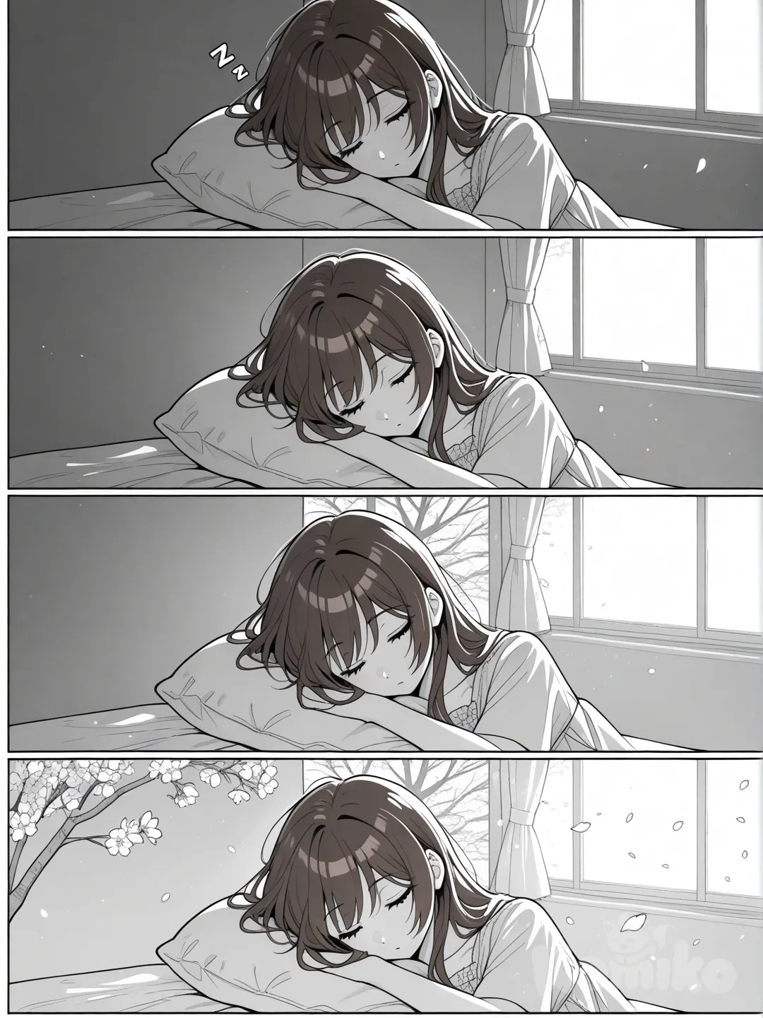 [STYLE ANCHOR: shojo manga by Arina Tanemura], black and white, screentones, professional manga panel, detail, consistent line art, emotional atmosphere

[STYLE ANCHOR: shojo manga by Arina Tanemura], black and white, screentones, professional manga panel, establishing shot, wide panoramic view of modern city at dawn, skyscrapers, morning mist, first sunlight, "And today is the awaited day..." text in corner, empty streets, cinematic, cityscape

[STYLE ANCHOR: shojo manga by Arina Tanemura], black and white, screentones, professional manga panel, upscale suburban neighborhood, elegant houses, tree-lined street, luxury cars, cherry blossoms, morning light, peaceful atmosphere, architecture, establishing location

[STYLE ANCHOR: shojo manga by Arina Tanemura], black and white, screentones, professional manga panel, close-up, beautiful 22-year-old woman sleeping, silk nightgown, messy dark brown hair on pillow, soft morning light, serene expression, "zzz" onomatopoeia, elegant bedroom, intimate