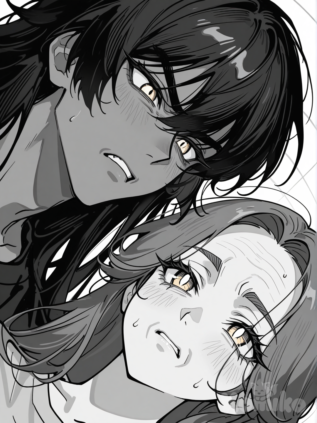 [MANGA PANEL - TWO SHOT], black and white, 1990s seinen style, clean precise lines, 22-year-old woman with long mid-back brown hair, oval face, delicate features, sharp chin, light amber brown eyes, almond-shaped eyes, long eyelashes, arguing with dark-skinned boy with black hair, serious eyes, serious rigid expression, they are facing each other in heated discussion, emotional tension, dramatic confrontation