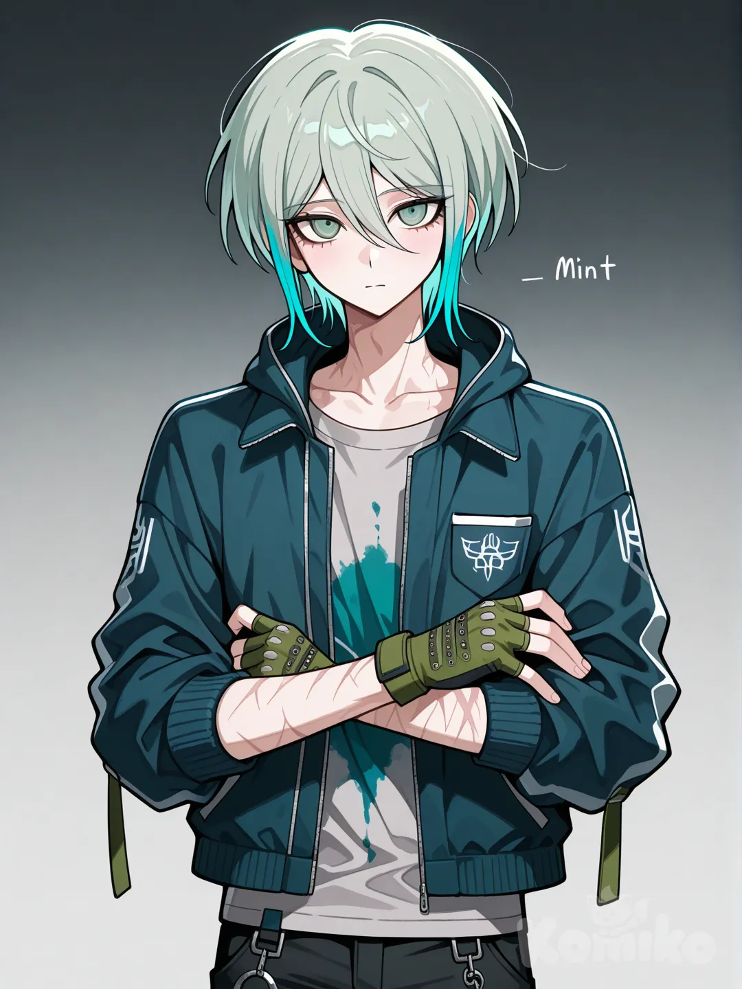 аниме парень(стиль данганронпы). Рост 176 вес 57. Серые волосы, две голубые пряди у лица, каре, чёлка: пару мелких прядей в центре лба и две пряди по бокам(все описанные пряди голубого цвета) светло-зелёная глаза, серая футболка с голубой кляксой, темно-синяя куртка с длинными рукавами на руках старые шрамы от ножевых порезов от глубоких до мелких, от горизонтальных до вертикальных от запястья до предплечья, чёрные штаны, тканевые чёрно-мятные перчатки без пальцев(возраст 18)меланхолик, философ, характер: замкнутый, пассивный, в руках НИКАКИХ ПРЕДМЕТОВ НЕТ, руки свободные, по пояс
