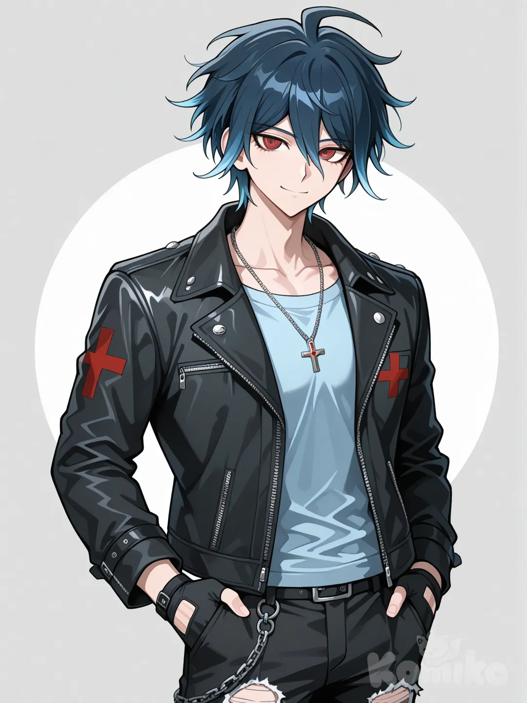 Аниме парень в стиле данганронпы. Рост 175. Тёмно-синие короткие волосы, кончики волос светло-голубые градиент(тёмно-синий сверху, светло-голубой на концах прядей)причёска аккуратная но есть пряди у лица красные глаза, светло-синяя футболка, чёрная куртка, на шее красно-черный кулон в виде креста, чёрные рваные штаны, митенки с нашивкой в виде креста 19 лет. Поза расслабленная, на лице лёгкая улыбка, спокойный, дружелюбный и расслабленный вид, руки сложены в карманы куртки, по пояс