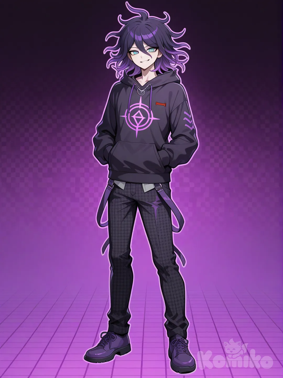 аниме парень хакер(стиль данганронпы) рост 157 вес 46 в полный рост(возраст 19)Тёмно-фиолетовая(#7e6aa9) причёска средней длины с асимметрией: удлинённая чёлка частично закрывает лоб, боковые пряди чуть длиннее, объём на макушке, лёгкие растрёпанности, градиент от тёмных корней(#2b2532) к насыщенным фиолетовым кончикам(#71438b), светло-голубые глаза(#8acdfd), тёмная толстовка синего оттенка(#222335) с символом в виде тёмно-фиолетового(#4d2364) символа взлома, двухцветные штаны в клеточку: основной цвет чёрный(#090714), клетка фиолетовая(#764ba4) трикстер, самовлюблённый, язвительный, саркастичный, референс. В причёски три цвета сочетаются в градиент: основной цвет фиолетовый(код цвета #7E6AA9), корни волос тёмные(код цвета #2B2532) и насыщенно фиолетовые кончики волос(код цвета #71438b)