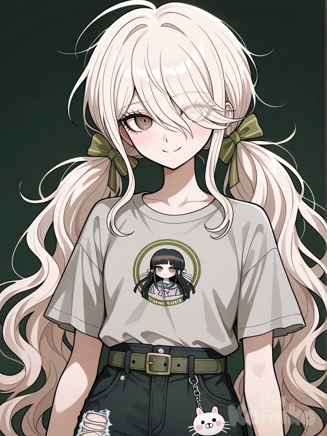 Аниме девушка-художница(стиль данганронпы)Рост 160 вес 45. Сливочно-кремовые волосы собранные в два длинных низких хвоста,карие глаза, серая футболка в горизонтальную зелёную полоску, чёрные рваные штаны(18 лет). Оптимистична, изображение по пояс
Аниме-причёска: длинные, мягкие волны, удлинённая объёмная чёлка (частично закрывает лоб/глаза), два хвостика с бантами по бокам (уровень щёк), естественная текстура, лёгкий объём у корней, волосы прямые слегк растрёпанные концы
