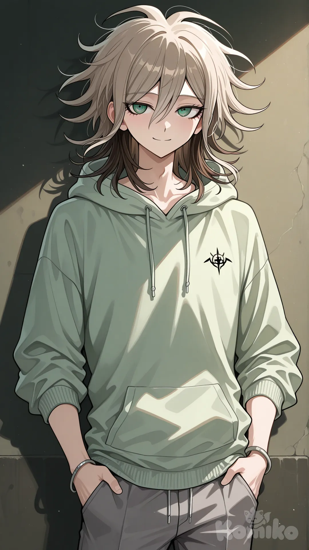 Аниме парень(стиль данганронпы)Рост 173 рост вес 62. Светло-коричневые волосы с тёмно-коричневыми прядями, тёмно-зелёные глаза, светло-зелёная футболка с капюшоном, серо-зелёный браслет, серые штаны(18 лет). Персонаж спокойный, рассудительный, умный, уверенный, лёгкая доброжелательная улыбка, руки в карманах. Изображение по пояс
Описание причёски: средняя длина, удлинённая асимметричная чёлка (частично закрывает глаза), неравномерная длина прядей, объём на макушке, боковые пряди удлинённые, завитые пряди у ушей, рыхлая текстура, расслабленный