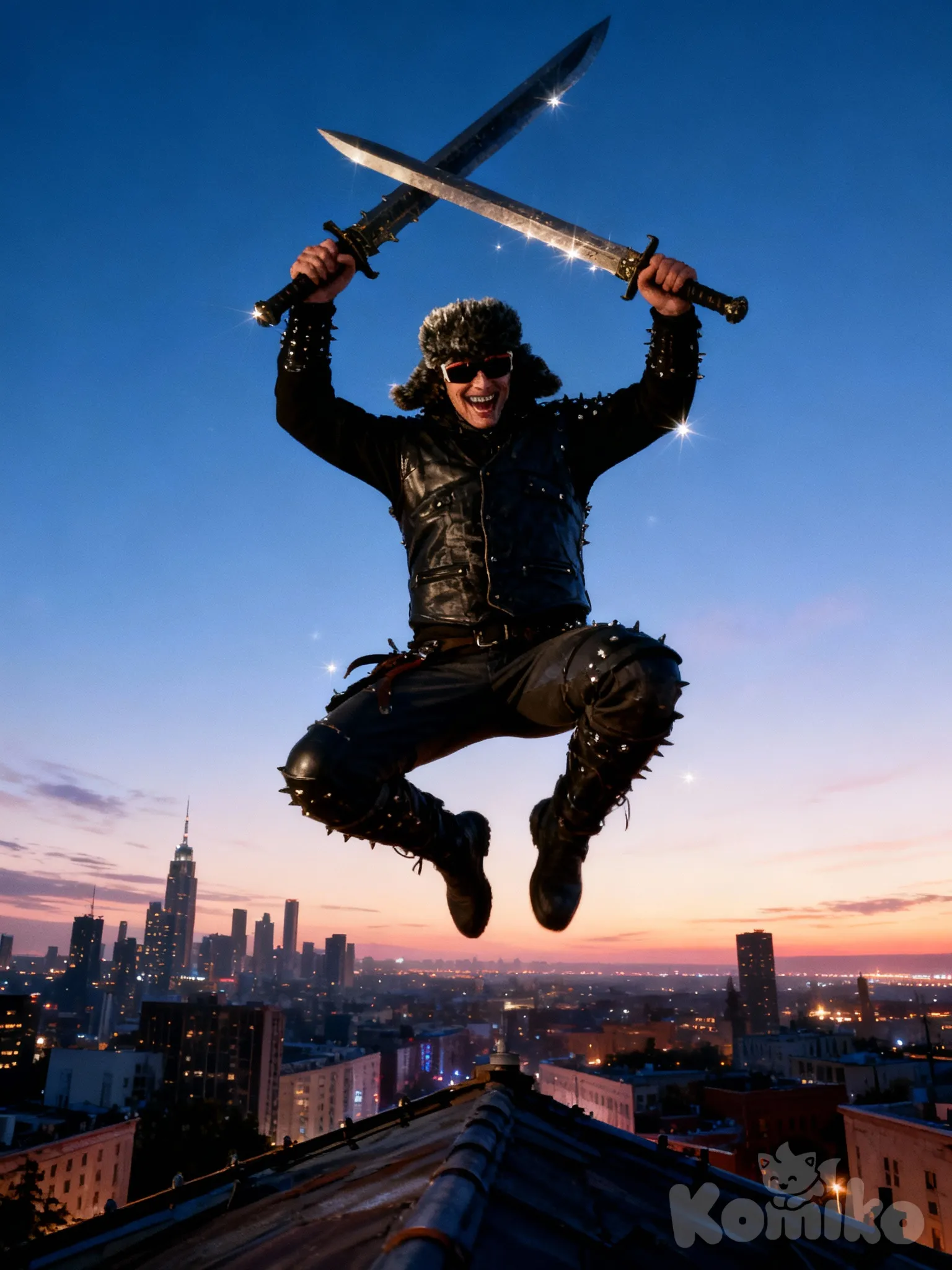 Raider , [town dark fantasy style], smirk, jumping from rooftop, evil smile, angry, laughing, holding two handed sword, studs, ultra-wide shot, full body, twilight, sparkle, day city