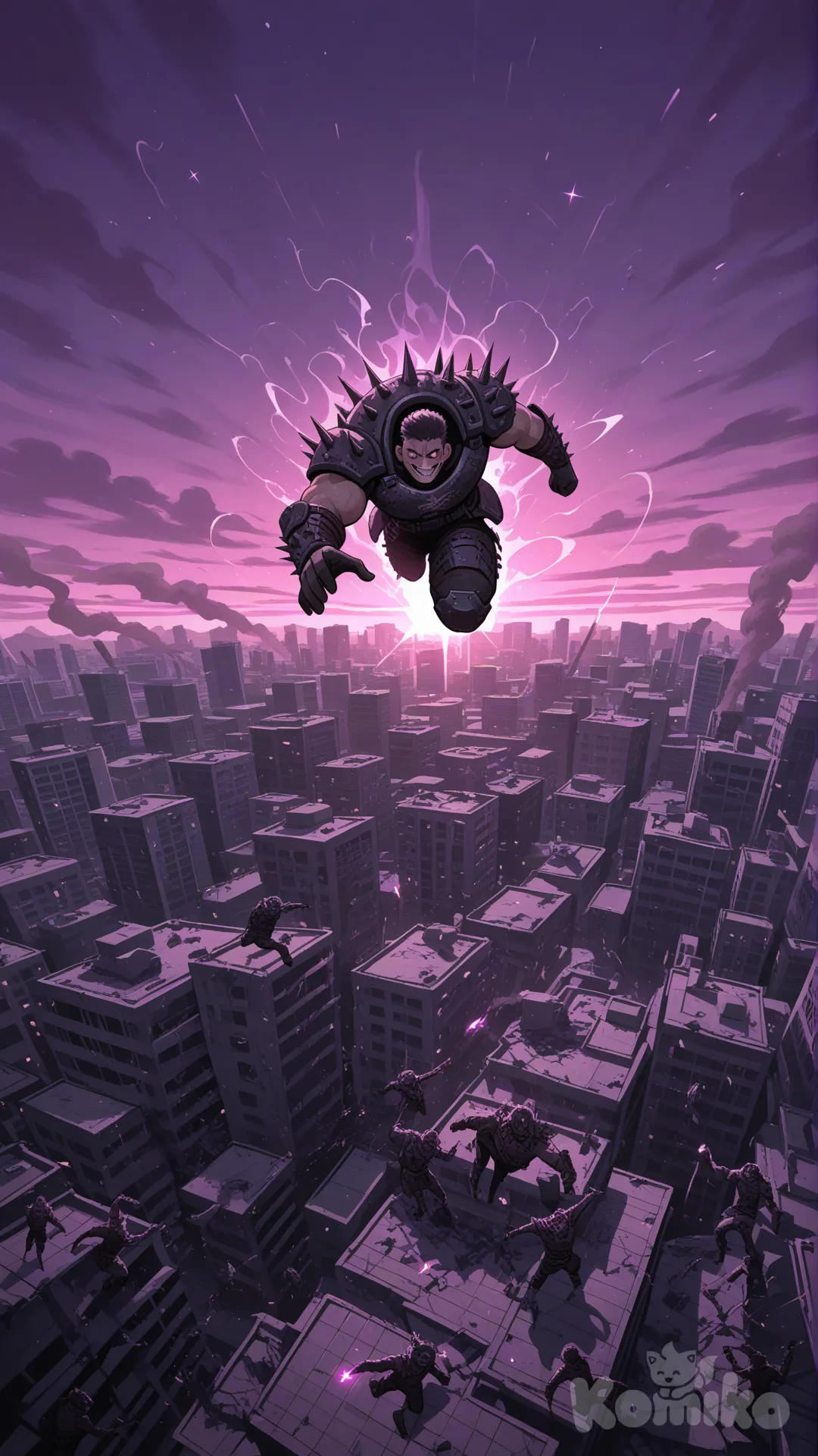 Deadly Raider , [town dark fantasy style], facing the observer, he jumps from the roof, evil studs, ultra-wide shot, full body, twilight, sparkle, city, raid on human, zombie apocalypse, attack on humans