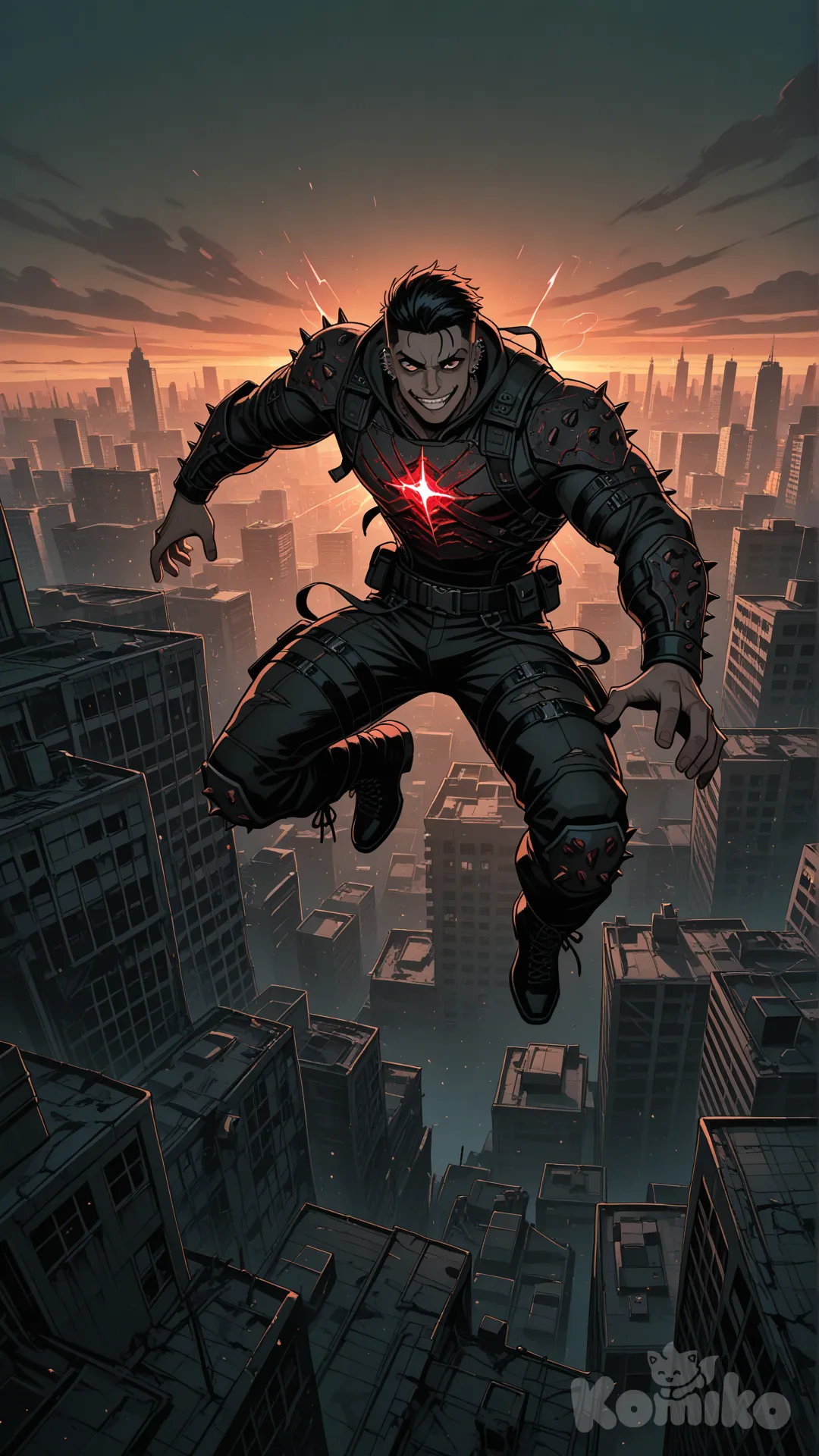 Deadly Raider , [town no magic dark fantasy style], facing the observer, he jumps from the roof, evil studs, ultra-wide shot, full body, twilight, sparkle, city, raid on human, zombie apocalypse, attack on humans