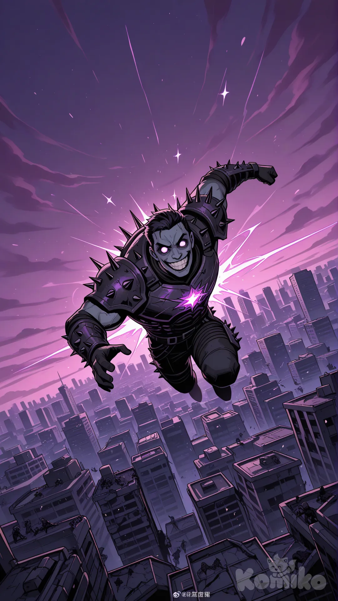 Deadly Raider , [town no magic dark fantasy style], facing the observer, he jumps from the roof, evil studs, ultra-wide shot, full body, twilight, sparkle, city, raid on human, zombie apocalypse, attack on humans