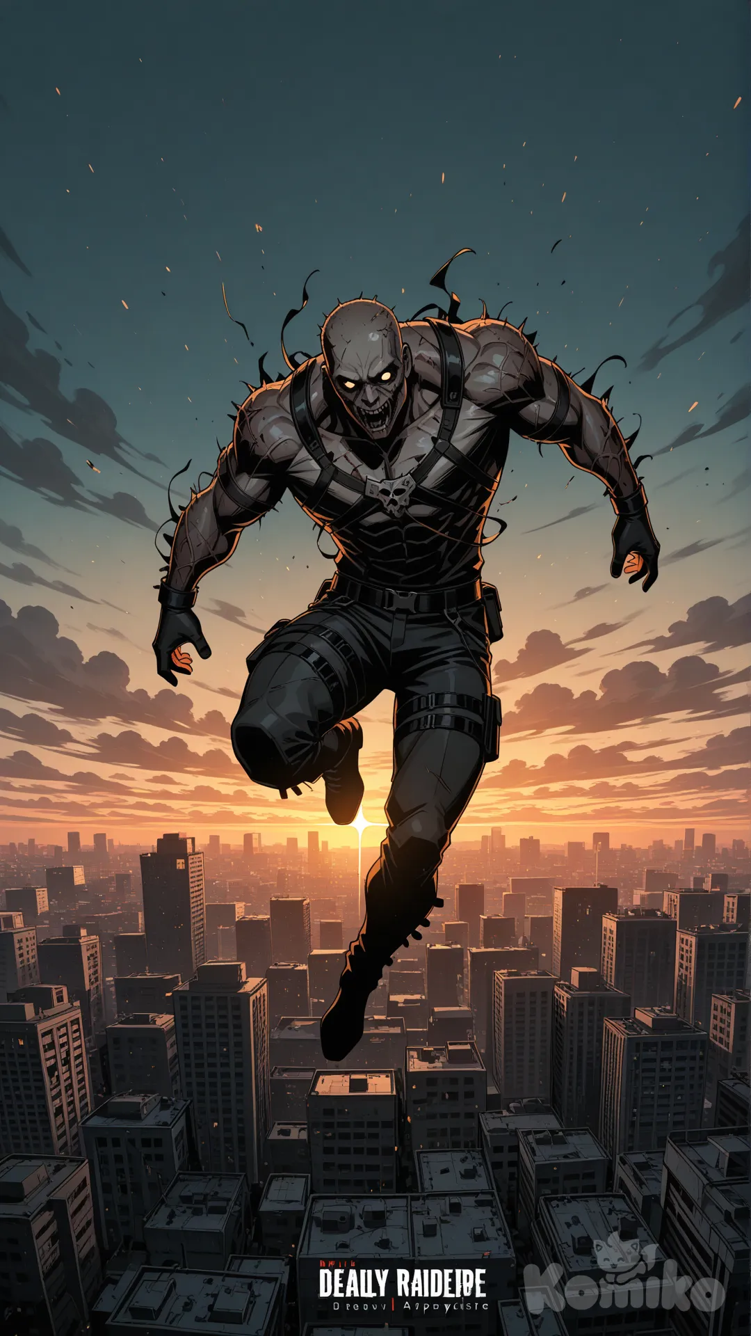 Deadly Raider , [town no magic dark fantasy style], facing the observer, he jumps from the roof, evil studs, ultra-wide shot, full body, twilight, sparkle, city, raid on human, zombie apocalypse, attack on humans