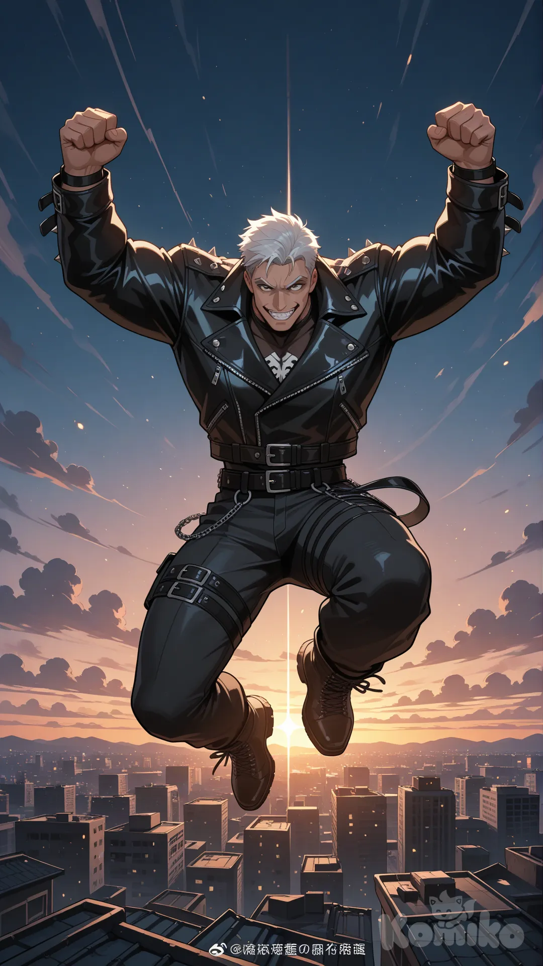 Deadly Raider , [town no magic dark fantasy style], facing the observer, he jumps from the roof, evil studs, ultra-wide shot, full body, twilight, sparkle, city, raid on human, zombie apocalypse, attack on humans