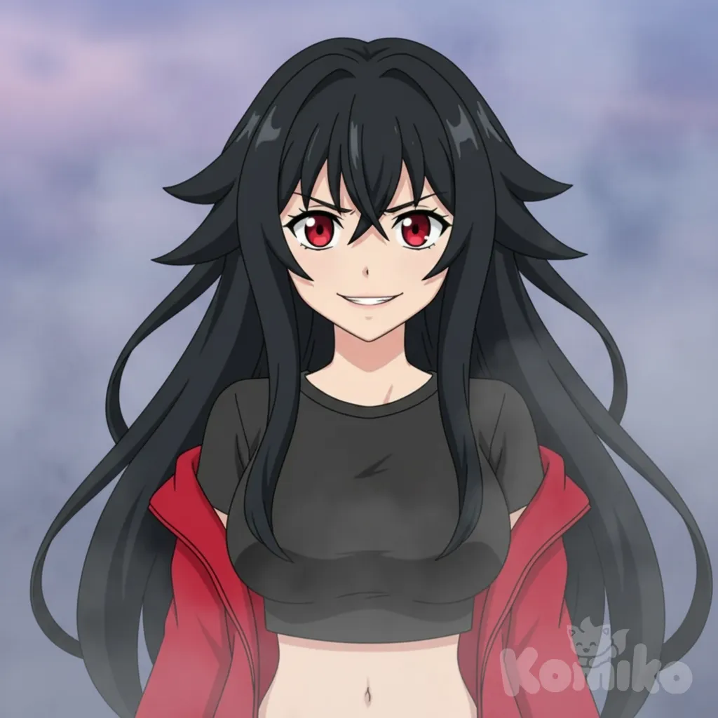 evil smile, black hair, red jacket, red eyes, foggy background