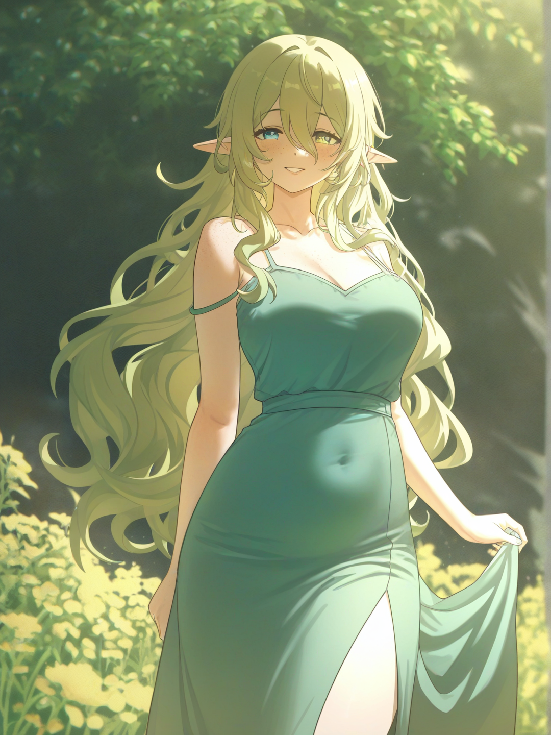 [dreamy-haze-style], 1girl, mature, curvy, green hair, long hair, wavy hair, green eyes, blue eyes, dimple, freckles, fair skin, elf ears, soft big lips, smile, cottagecore dress, dreamy, dendro vision, genshin impact background, summeru