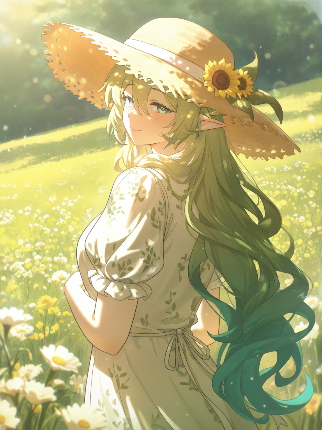 [dreamy-haze-style], 1girl, mature, curvy, green hair, long hair, wavy hair, green eyes, blue eyes, dimple, freckles, fair skin, elf ears, soft big lips, smile, cottagecore dress, dreamy, dendro vision, genshin impact background, summeru