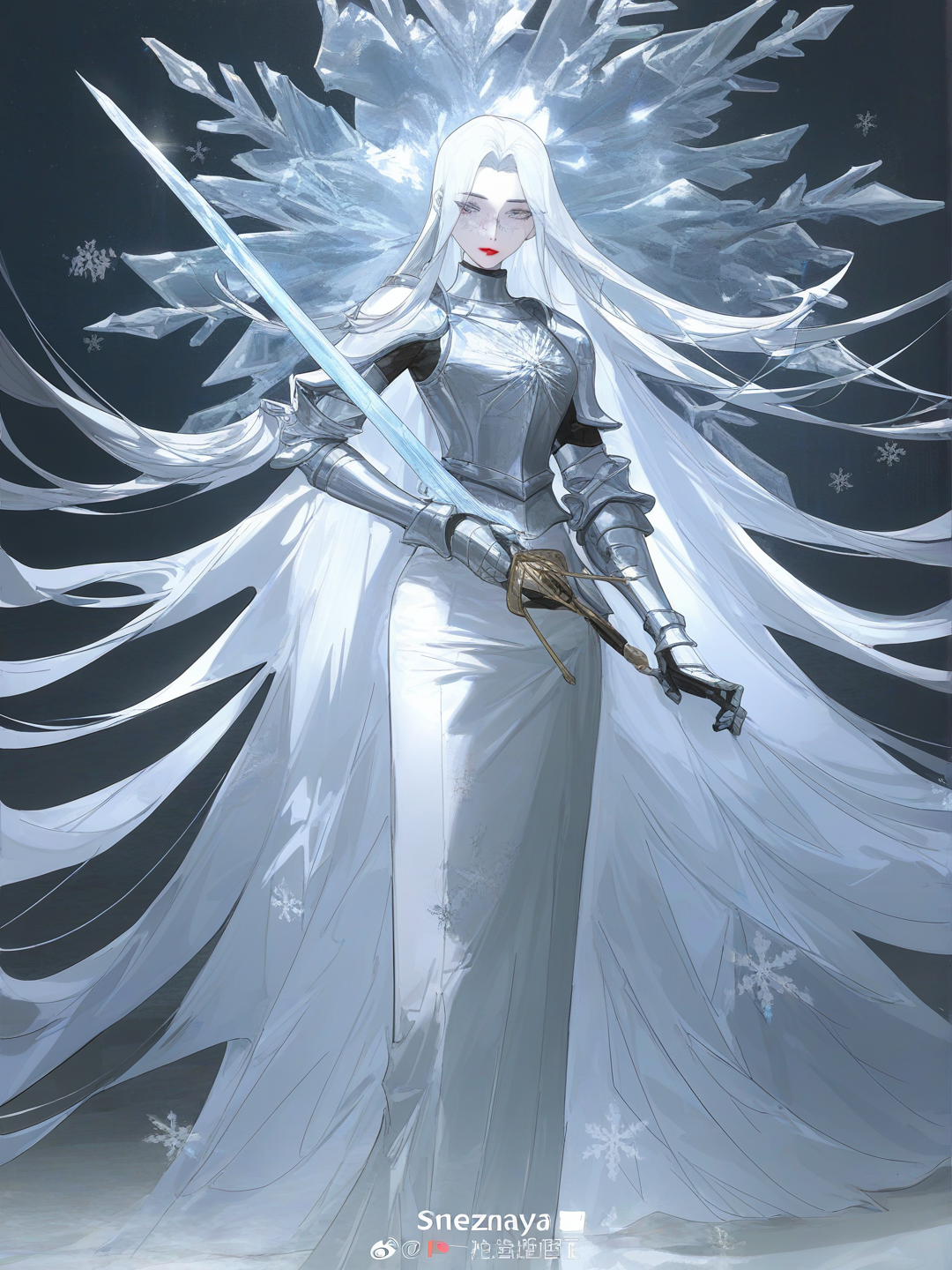 [faded-canvas-style], 1girl, mature, tall, slim, silver hair, long hair, straight hair, blue eyes, freckles, fair skin, armour, red lips, very pale skin, sword, long dress, fatui vibes, ice, Snezhnaya
