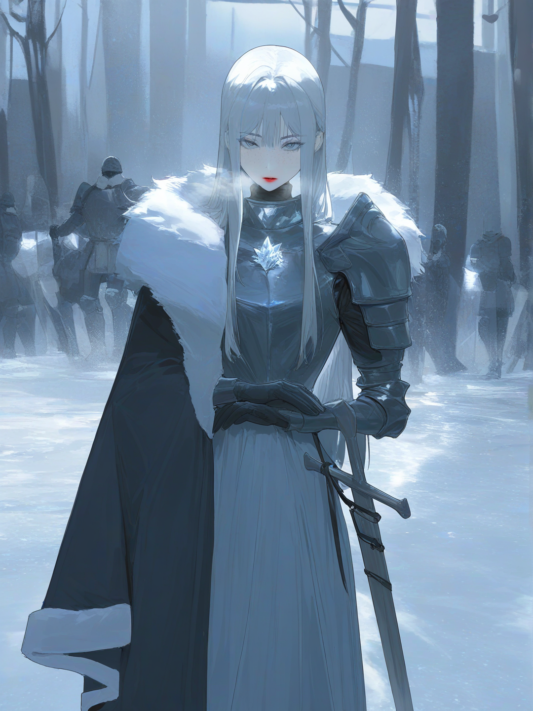 [faded-canvas-style], 1girl, mature, tall, slim, silver hair, long hair, straight hair, blue eyes, freckles, fair skin, armour, red lips, very pale skin, sword, long dress, fatui vibes, ice, Snezhnaya