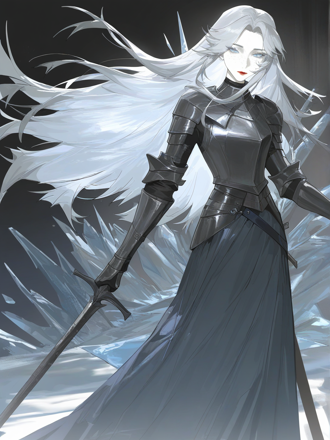 [faded-canvas-style], 1girl, mature, tall, slim, silver hair, long hair, straight hair, blue eyes, freckles, fair skin, armour, red lips, very pale skin, sword, long dress, fatui vibes, ice, Snezhnaya