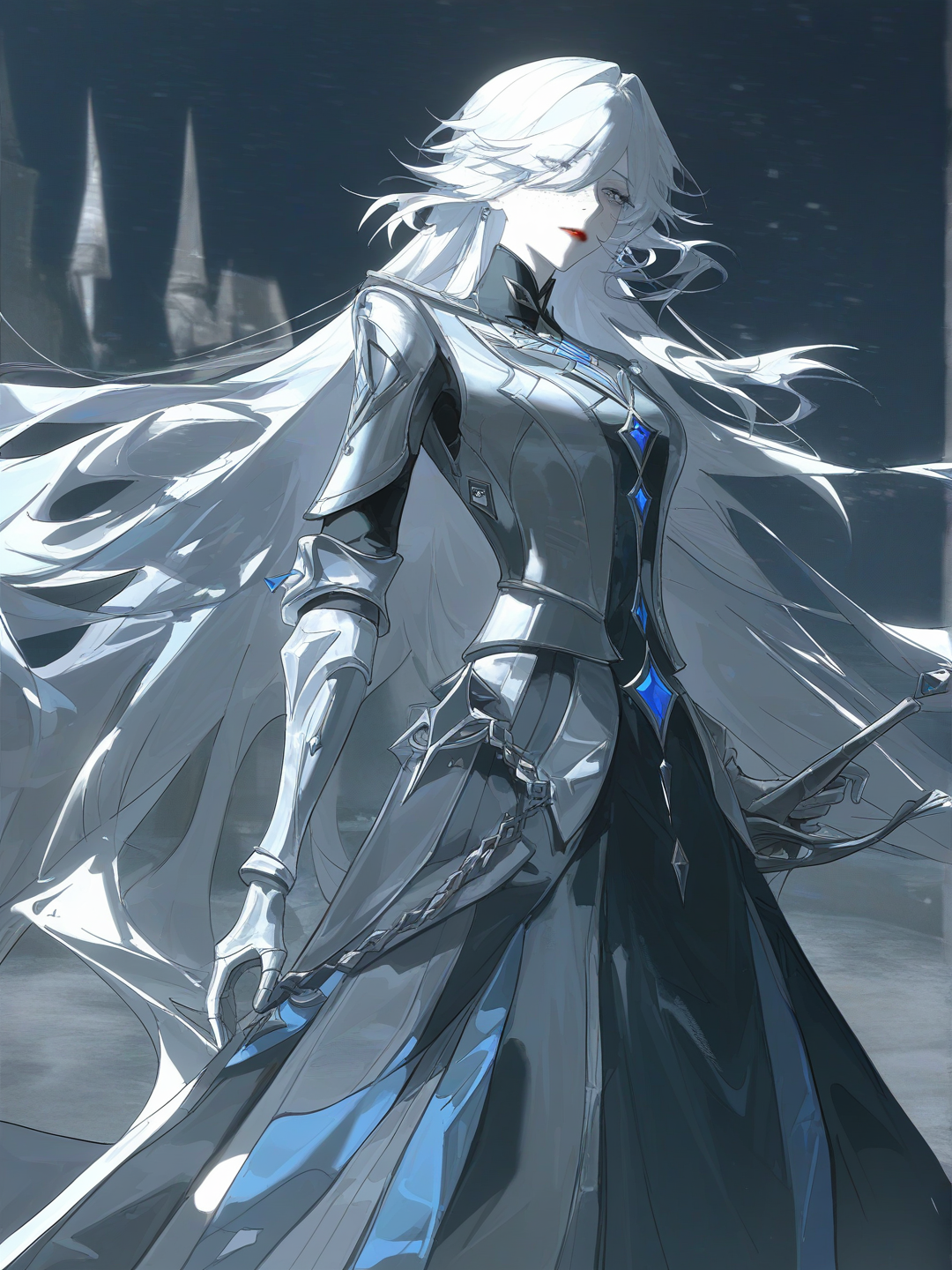 [faded-canvas-style], 1girl, mature, tall, slim, silver hair, long hair, straight hair, blue eyes, freckles, fair skin, armour, red lips, very pale skin, sword, long dress, fatui vibes, ice, Snezhnaya, soft features, Capitano Genshin impact, love story, warrior