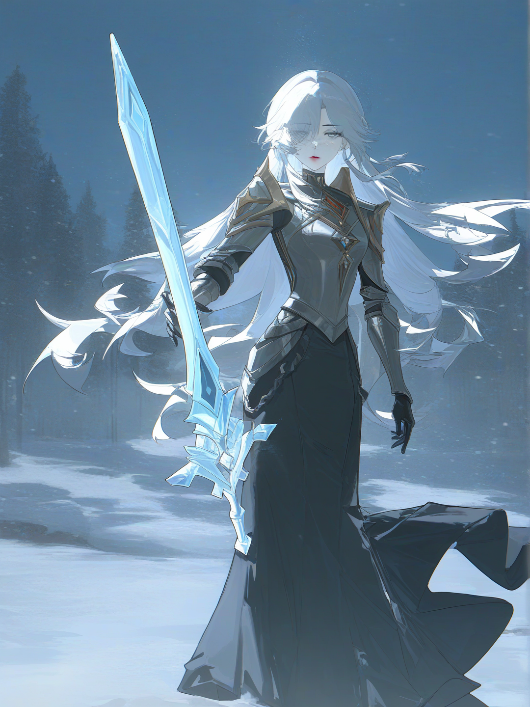 [faded-canvas-style], 1girl, mature, tall, slim, silver hair, long hair, straight hair, blue eyes, freckles, fair skin, armour, red lips, very pale skin, sword, long dress, fatui vibes, ice, Snezhnaya, soft features, Capitano Genshin impact, love story, warrior