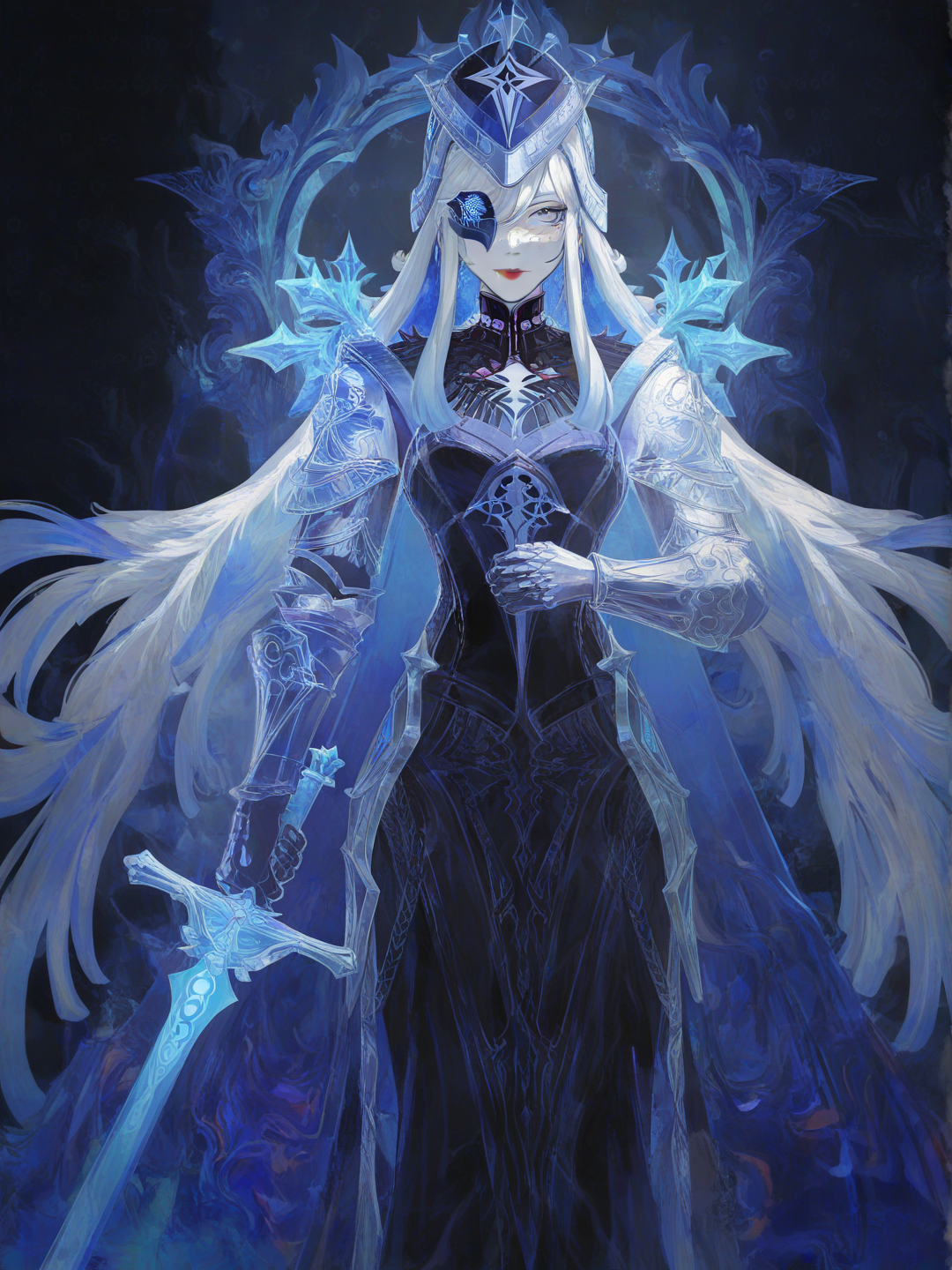 [watercolor-illustration-style], 1girl, mature, tall, slim, silver hair, long hair, straight hair, blue eyes, freckles, fair skin, armour, red lips, very pale skin, sword, long dress, fatui vibes, ice, Snezhnaya, soft features, Capitano Genshin impact, love story, warrior