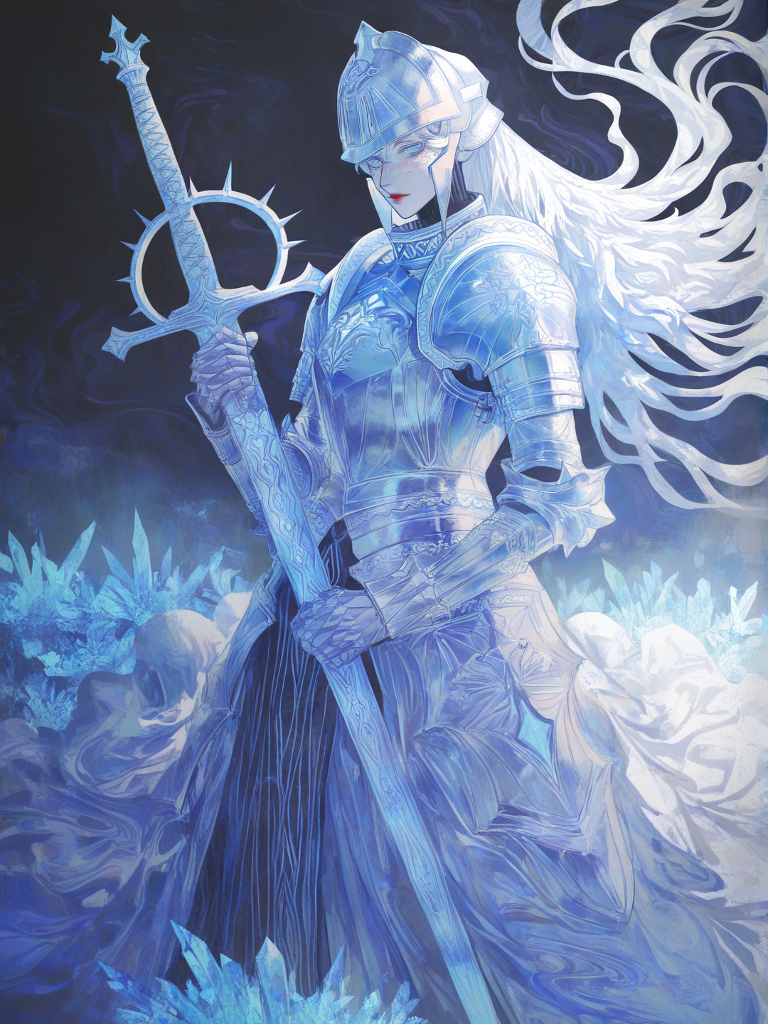 [watercolor-illustration-style], 1girl, mature, tall, slim, silver hair, long hair, straight hair, blue eyes, freckles, fair skin, armour, red lips, very pale skin, sword, long dress, fatui vibes, ice, Snezhnaya, soft features, Capitano Genshin impact, love story, warrior