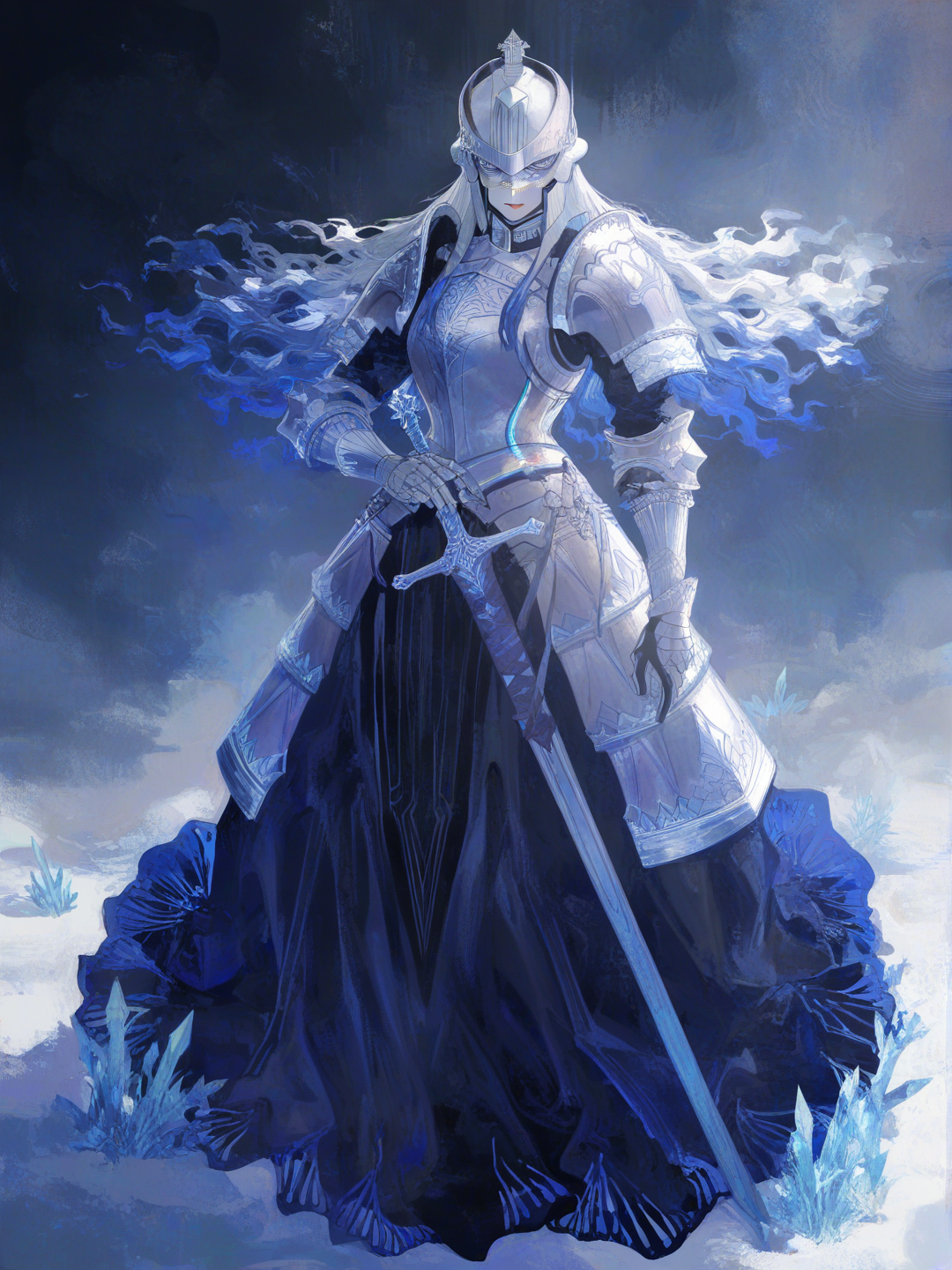 [watercolor-illustration-style], 1girl, mature, tall, slim, silver hair, long hair, straight hair, blue eyes, freckles, fair skin, armour, red lips, very pale skin, sword, long dress, fatui vibes, ice, Snezhnaya, soft features, Capitano Genshin impact, love story, warrior