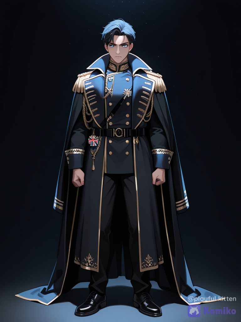 create a British man with one blue colour eye and the other one dark black and clean shave looking mysterious and his eyes has the dark mysterious gaze he is wearing a black colour coat pant