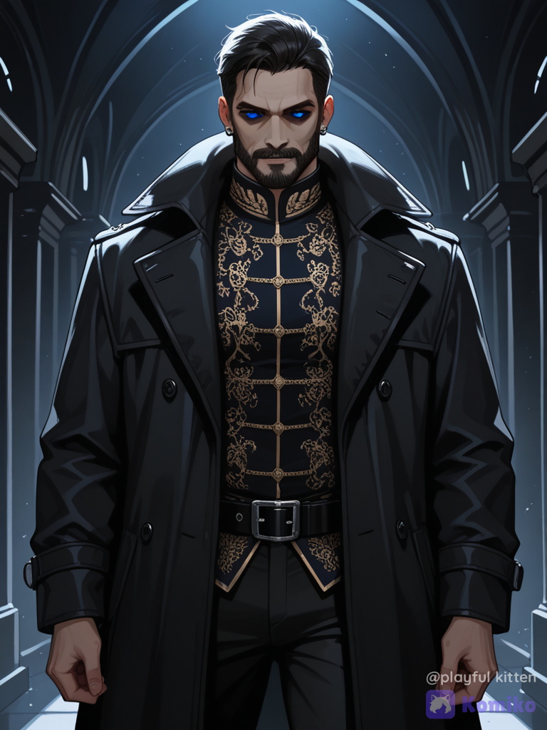 create a British man with one blue colour eye and the other one dark black and clean shave looking mysterious and his eyes has the dark mysterious gaze he is wearing a black colour coat pant