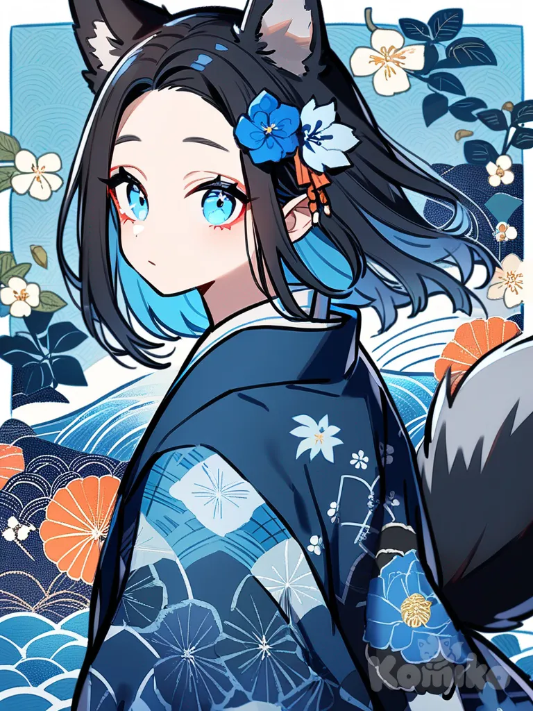 1girl, Demon Slayer style, original character, teenager, fair skin, ocean blue eyes, eyes like Nezuko, wolf haircut, black hair, front blue highlight, wolf ears, blue highlight, blue small devil horns, wolf tail, ocean blue at the end, ocean blue highlight, leaf and flower patterns, ocean blue patterns, left face leaf pattern, right eye flower pattern, single character, full body, looking at viewer, anime style, simple background, white background, devil horns ocean blue
