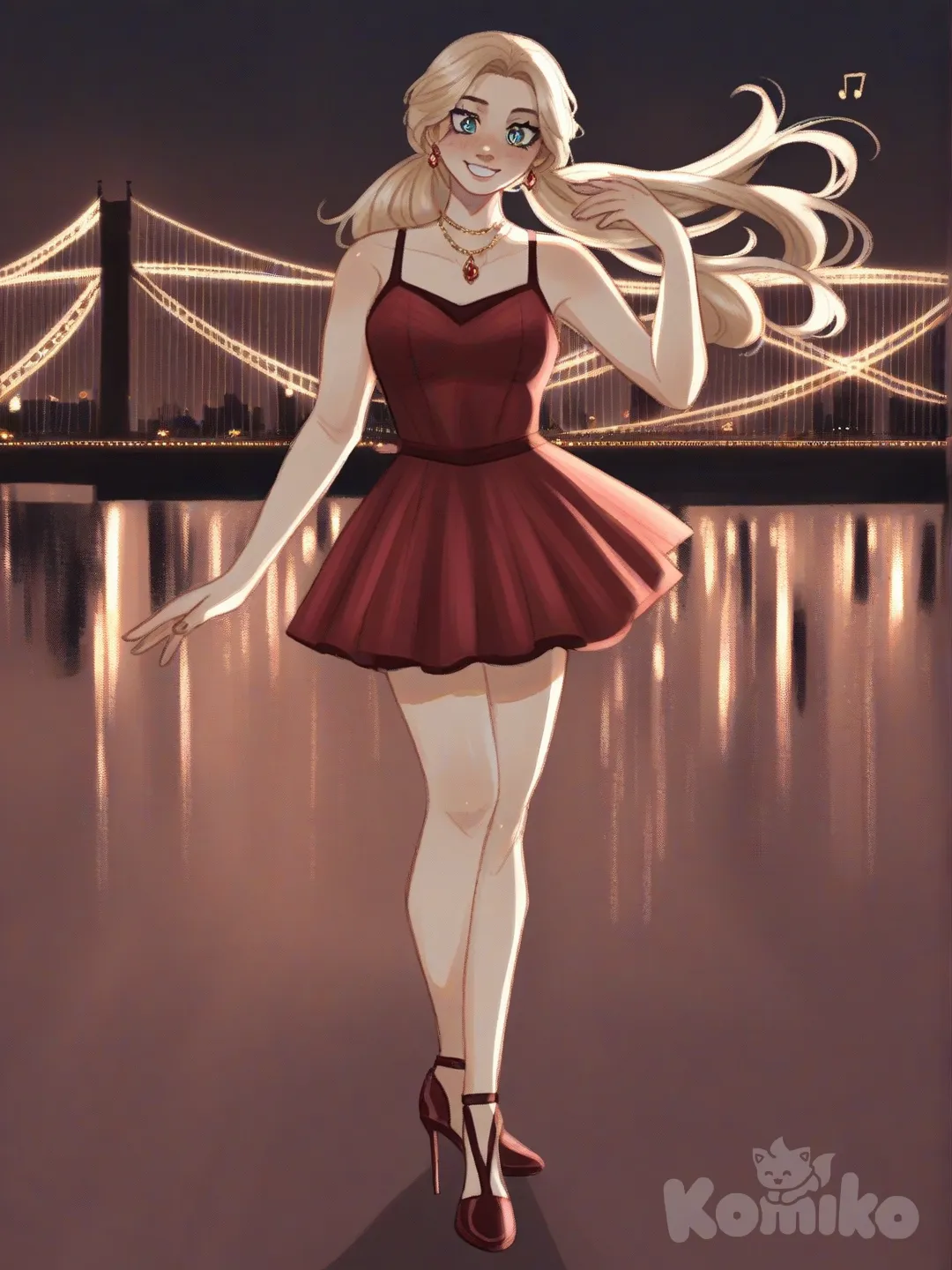 An ultra-photograph shows a full-length athletic young woman de 25 años, hermosa, con un cuerpo realista. with long, vibrant blonde hair in pigtails. Her brown eyes radiate confidence with a radiant smile with long flowing hair stands elegantly on London's Tower Bridge at midnight, wearing a short, tight, blood-red black minidress and matching red heels. Her blue eyes sparkle with a sophisticated air, reflecting the soft light of the illuminated city skyline behind her. Exquisite ruby jewels adorn her, reflecting the warm tones of the night lights. El fondo realza la silueta de la mujer. Su cabello luce liso y bien definido, con suaves notas musicales y el nombre "Luis Arcy" flotando suavemente alrededor de sus pies., [soft-shaded-moe-style]