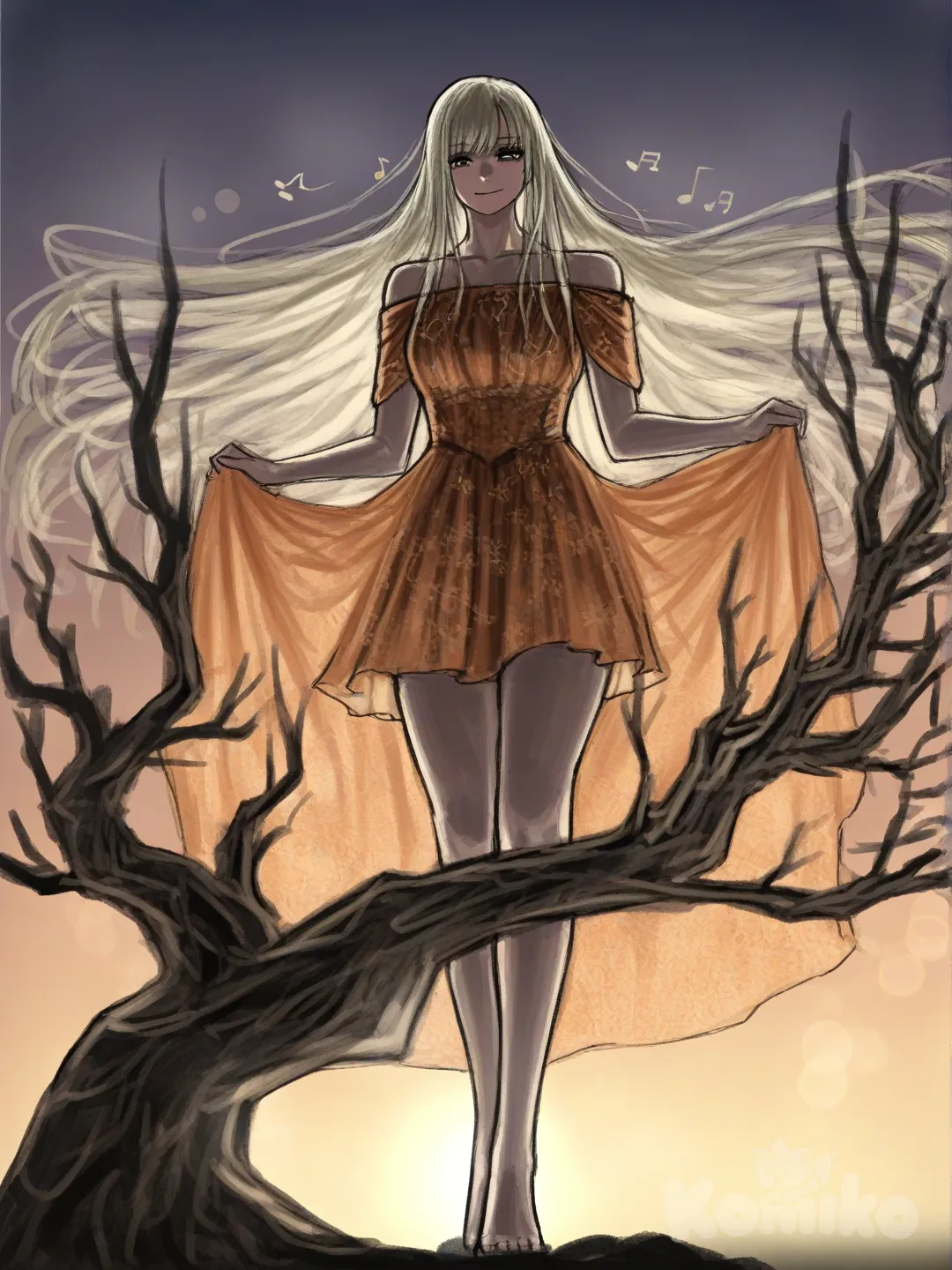 An ultra-photograph shows a full-length, athletic, beautiful, and slender 25-year-old woman with a realistic body. capturing a stunning woman stand with super-long, straight blonde hair Her brown eyes radiate confidence with a radiant smile curly hair flowing in the wind and wearing an off-the-shoulder orange floral minidress, standing gracefully beside a gnarled tree with gently swaying branches. El fondo realza la silueta de la mujer. Su cabello luce liso y bien definido, con suaves notas musicales y el nombre "Luis Arcy" flotando suavemente alrededor de sus pies. . The warm hues of the setting sun cast a golden glow over her elegant pose, enhancing the captivating atmosphere, as the background fades into a hazy, golden twilight., [sketchy-painterly-style]