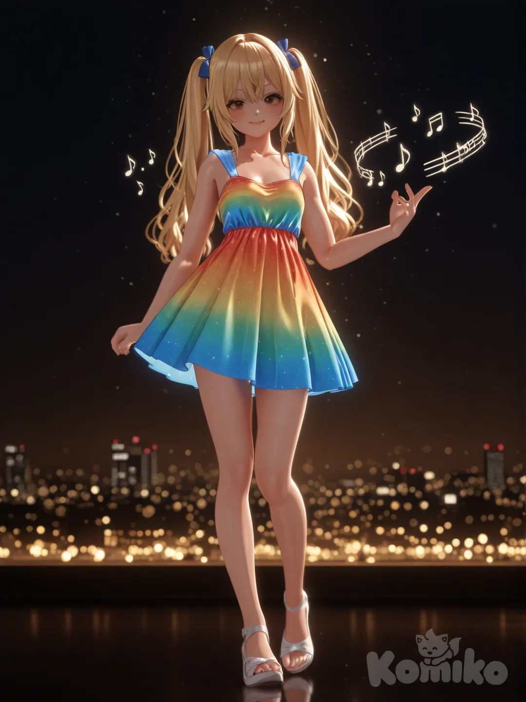An ultra-photograph shows a full-length athletic young woman de 25 años, hermosa, con un cuerpo realista. with long, vibrant blonde hair in pigtails. Her brown eyes radiate confidence with a radiant smile woman in a vibrant, short dress that emphasizes her figure, the colors blending into a radiant aura; the background features a futuristic landscape interwoven with bold, modern typography, evoking a sense of audacious energy. El fondo realza la silueta de la mujer. Su cabello luce liso y bien definido, con suaves notas musicales y el nombre "Luis Arcy" flotando suavemente alrededor de ella. suspended in warm, inviting light and rich hues, creating a captivating focal point. The scene is set against a backdrop of softly blurred, golden-hued city lights, creating a uniquely striking visual experience with a touch of dreamlike quality., [3d-anime-style]
