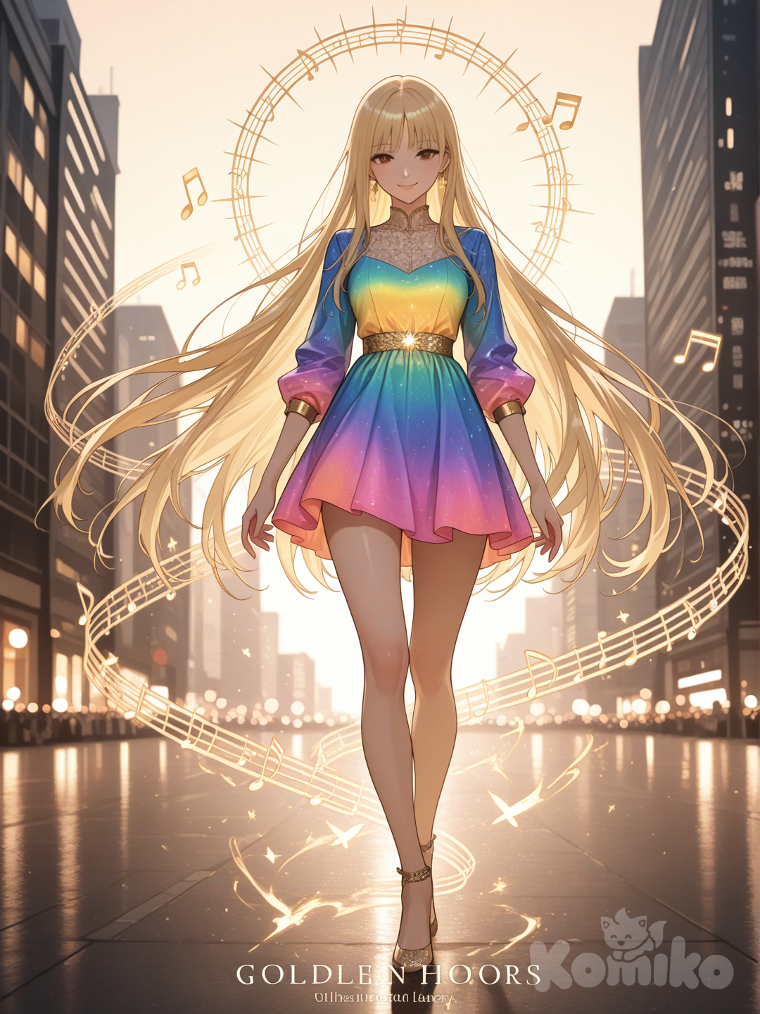 An ultra-photograph shows a full-length, athletic, beautiful, and slender 25-year-old woman with a realistic body. capturing a stunning woman stand with super-long, straight blonde hair Her brown eyes radiate confidence with a radiant smile woman in a vibrant, short dress that emphasizes her figure, the colors blending into a radiant aura; the background features a futuristic landscape interwoven with bold, modern typography, evoking a sense of audacious energy. El fondo realza la silueta de la mujer. Su cabello luce liso y bien definido, con suaves notas musicales y el nombre "Luis Arcy" flotando suavemente alrededor de ella. suspended in warm, inviting light and rich hues, creating a captivating focal point. The scene is set against a backdrop of softly blurred, golden-hued city lights, creating a uniquely striking visual experience with a touch of dreamlike quality.