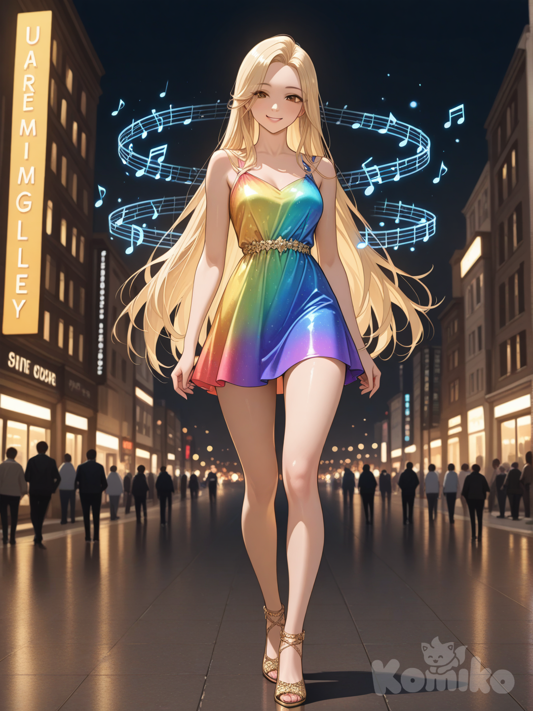 An ultra-photograph shows a full-length, athletic, beautiful, and slender 25-year-old woman with a realistic body. capturing a stunning woman stand with super-long, straight blonde hair Her brown eyes radiate confidence with a radiant smile woman in a vibrant, short dress that emphasizes her figure, the colors blending into a radiant aura; the background features a futuristic landscape interwoven with bold, modern typography, evoking a sense of audacious energy. El fondo realza la silueta de la mujer. Su cabello luce liso y bien definido, con suaves notas musicales y el nombre "Luis Arcy" flotando suavemente alrededor de ella. suspended in warm, inviting light and rich hues, creating a captivating focal point. The scene is set against a backdrop of softly blurred, golden-hued city lights, creating a uniquely striking visual experience with a touch of dreamlike quality.