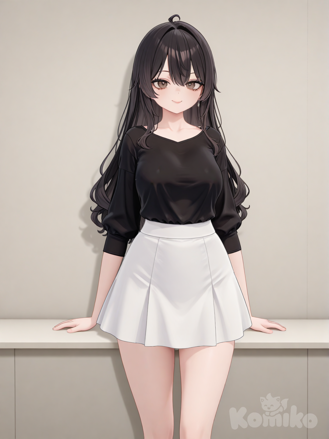 An ultra-detailed photograph shows a full-length, athletic, beautiful, and slender 25-year-old woman with a realistic body. capturing a stunning woman stand with super-long, straight black hair Her brown eyes radiate confidence with a radiant smile She wears an elegant white miniskirt with a black blouse, and her large, bright eyes, enhanced by dark mascara, radiate a touch of elegance. The background is a London Underground tube station. El fondo realza la silueta de la mujer. Su cabello luce liso y bien definido, con suaves notas musicales y el nombre "Luis Arcy" flotando suavemente alrededor de ella.