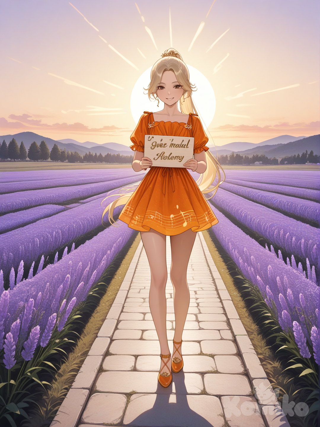 An ultra-detailed photograph shows a full-length, athletic, beautiful, and slender 25-year-old woman with a realistic body. capturing a stunning woman stand with super-long, straight blonde hair Her brown eyes radiate confidence with a radiant smile in a stretchable mini dress of vibrant orange, her long, flowing black hair gathered in an elegant ponytail, showcasing warm brown eyes and a sturdy build. She delicately holds the name "Luis Arcy" in one hand, while at her feet, the same name "Luis Arcy" is woven from shimmering, golden musical notes cascading onto a bed of sun-drenched wildflowers, adding an ethereal quality to the scene. The composition unfolds along a rustic stone pathway winding through a vibrant field of poppies and lavender, all bathed in the soft, golden light of a late afternoon sun, creating a truly stunning and evocative portrait. The background reveals rolling hills dotted with ancient olive trees under a hazy, amber sky. El fondo realza la silueta de la mujer. Su cabello luce liso y bien definido, con suaves notas musicales y el nombre "Luis Arcy" flotando suavemente alrededor de ella.