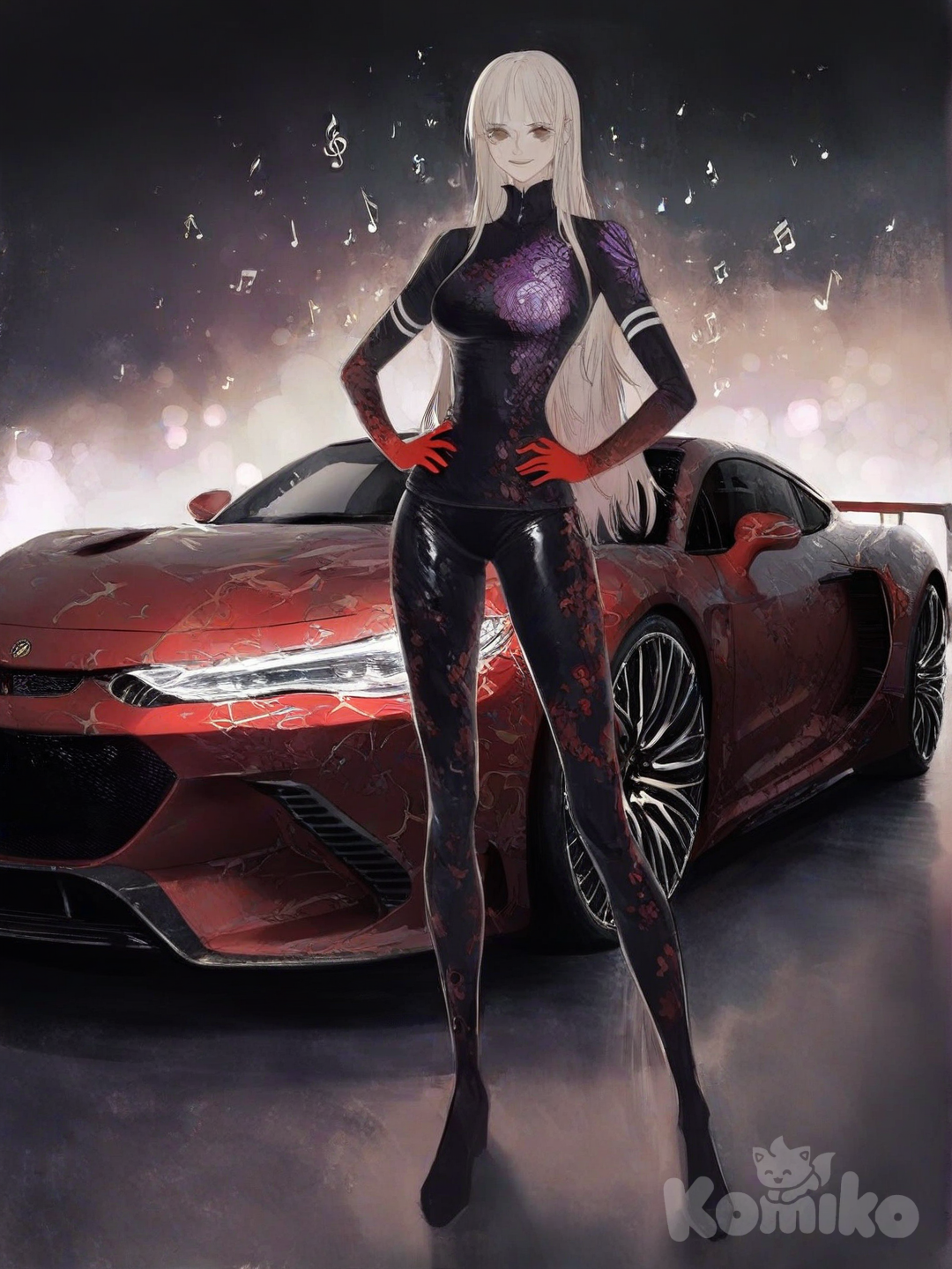 An ultra-detailed photograph shows a full-length, athletic, beautiful, and slender 25-year-old woman with a realistic body. capturing a stunning woman stand with super-long, straight blonde hair Her brown eyes radiate confidence with a radiant smile Wearing a black latex one-piece swimsuit and long red latex gloves, she smiles warmly at the camera while placing her hands on her waist and her legs slightly apart, modeling a gleaming white sports car, adorned with a red and white stripe and a purple emblem on the hood behind her. Her body is elegantly tilted to the right, contrasting with the blurred background of a distant crowd. Warm, soft lighting enhances the stark contrast between the woman's vibrant outfit and the pristine car, highlighting every detail. Su cabello luce liso y bien definido, con suaves notas musicales y el nombre "Luis Arcy" flotando suavemente alrededor de sus pies adding a touch of artistic charm to this serene and captivating photograph. 