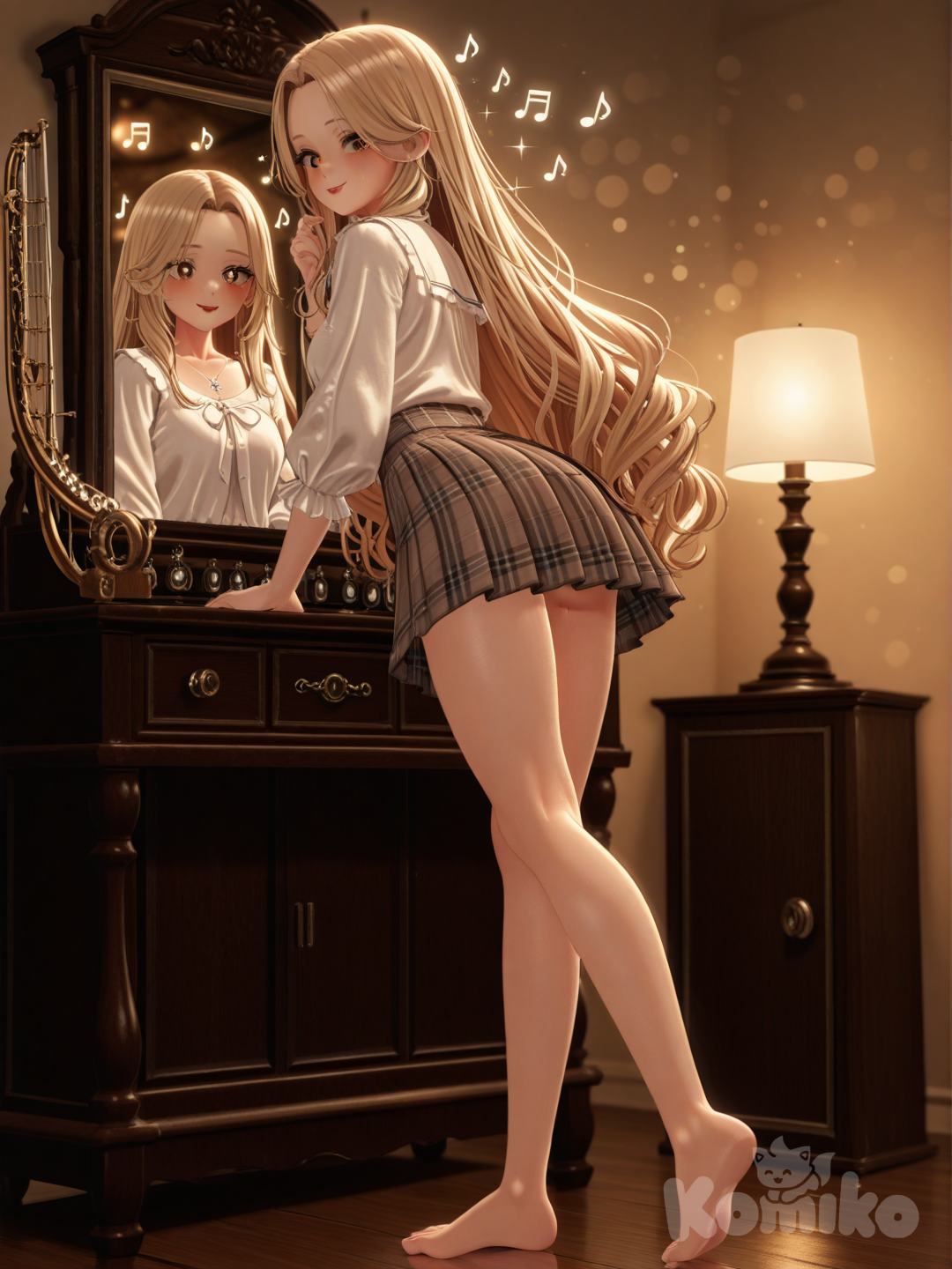 A photograph in the style of Annie Leibovitz depicts a captivating full-length portrait of a beautiful, slender 25-year-old woman with an athletic physique and extraordinarily long, straight blonde hair cascading down her back, her confident brown eyes sparkling with inner light. She is dressed in an elegant, modern schoolgirl ensemble of a lightweight blouse with plaid trim and a matching short skirt, her legs crossed with effortless grace, while subtle, swirling musical notes and the text "Luis Arcy" in elegant script gently drift around her feet like magical wisps. Warm, ethereal lighting casts a golden glow across her radiant smile and bold red lips against her fair complexion, set against a softly blurred backdrop of a vintage music store with rich wood paneling and antique instruments, creating timeless depth. The image exudes an aura of nostalgic charm and understated elegance, evoking a sense of quiet confidence and artistic inspiration.