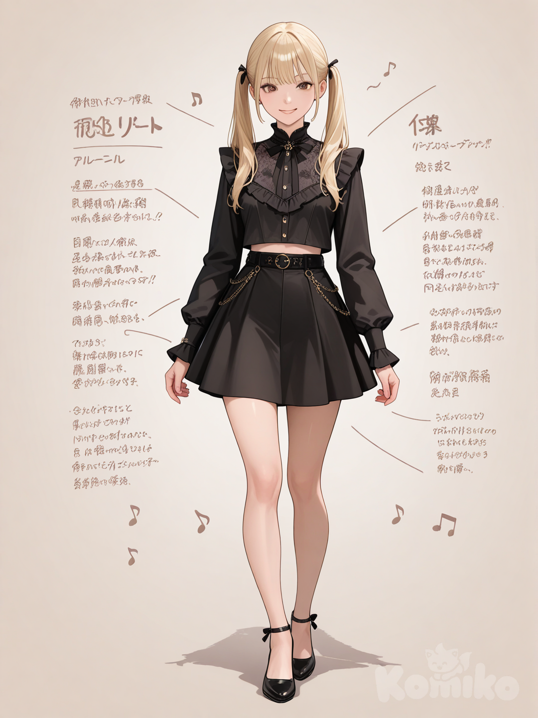 An ultra-detailed photograph shows a full-length, athletic, beautiful, and slender 25-year-old woman with a realistic body. She wears long, vibrant blonde hair in pigtails. Her brown eyes radiate confidence with a radiant smile The subject is a stunningly beautiful and sexy woman, dressed in an elegant and fashionable black outfit whit miniskirt. She gazes intently at the viewer, her eyes reflecting a mysterious depth. Su cabello luce liso y bien definido, con suaves notas musicales y el nombre "Luis Arcy" flotando suavemente alrededor de sus pies This mesmerizing portrait harmoniously blends fashion, poster-worthy photography, and a transcendent connection to the arts, creating a truly unforgettable visual experience.,