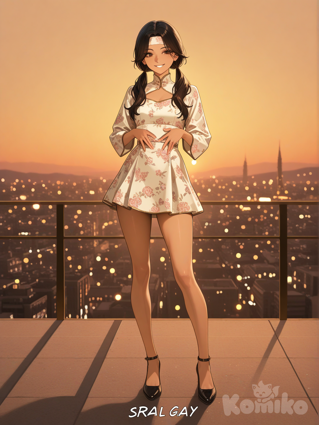 The photo depicts a full-length, athletic young woman with long, vibrant black hair tied back in pigtails. Her brown eyes radiate confidence with a radiant smile,, set against a backdrop of deep twilight hues; she is elegantly dressed in a charming high-neck mini dress embellished with delicate floral prints, accented by a simple headband and subtle makeup, all bathed in warm ambient lighting that highlights the textures of her dress and hair. The text "Luis Arcy" gracefully flows around her, adding an ethereal quality to her presence, while a softly illuminated cityscape filled with twinkling lights forms a dreamlike background, enhancing her commanding posture. The composition utilizes a shallow depth of field, focusing sharply on the woman and gently blurring the cityscape, creating a sense of intimacy and warmth, reminiscent of the style of Annie Leibovitz. The warm color palette, dominated by golds, ambers, and deep purples, further emphasizes the dreamy and captivating nature of the scene.