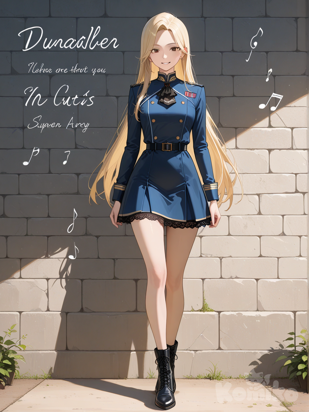 An ultra-detailed photograph shows a full-length, athletic, beautiful, and slender 25-year-old woman with a realistic body. capturing a stunning woman stand with super-long, straight blonde hair Her brown eyes radiate confidence with a radiant smile She has warm skin and is wearing a navy blue satin minidress with lace. Her black hair is long and cascading. She stands facing the viewer in a soft, neutral garden with an old wall in the background. The photo has diffused sunlight. Delicate musical notes dance beneath her feet, and the elegant name "Luis Arcy" gracefully intertwines around her, lending a touch of refined charm. The warm tones of the dress and boots contrast beautifully with the cool, antique highlights, creating a mesmerizing play of light and shadow.