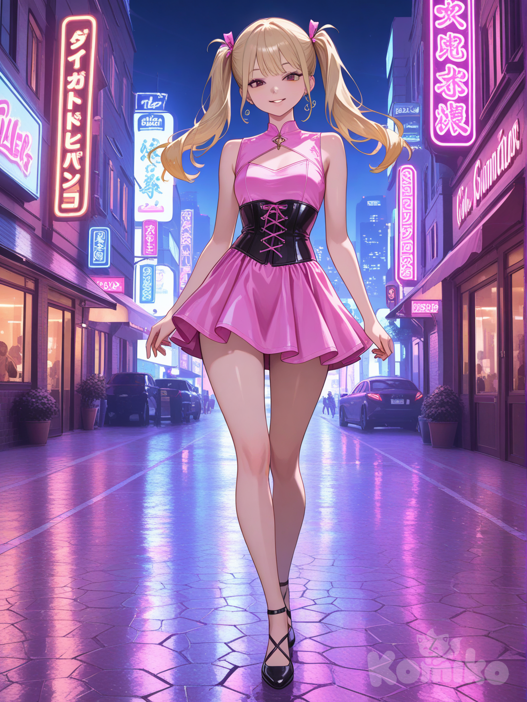 An ultra-detailed 4K photograph shows a full-length athletic young woman with long, vibrant blonde  hair in pigtails. Her brown eyes radiate confidence with a radiant smile, with a realistic body. wearing a pink mini dress with a leg slit and corset details, stands gracefully against a backdrop of neon-lit Gotham City skyscrapers. Her pose exudes confidence and allure, with soft, warm lighting casting a gentle glow around her. Luis Arcy's signature and a treble clef symbolically adorn the image, adding a touch of artistic elegance. The vibrant city lights reflect off the sleek surfaces of the buildings, creating a dynamic and captivating atmosphere.