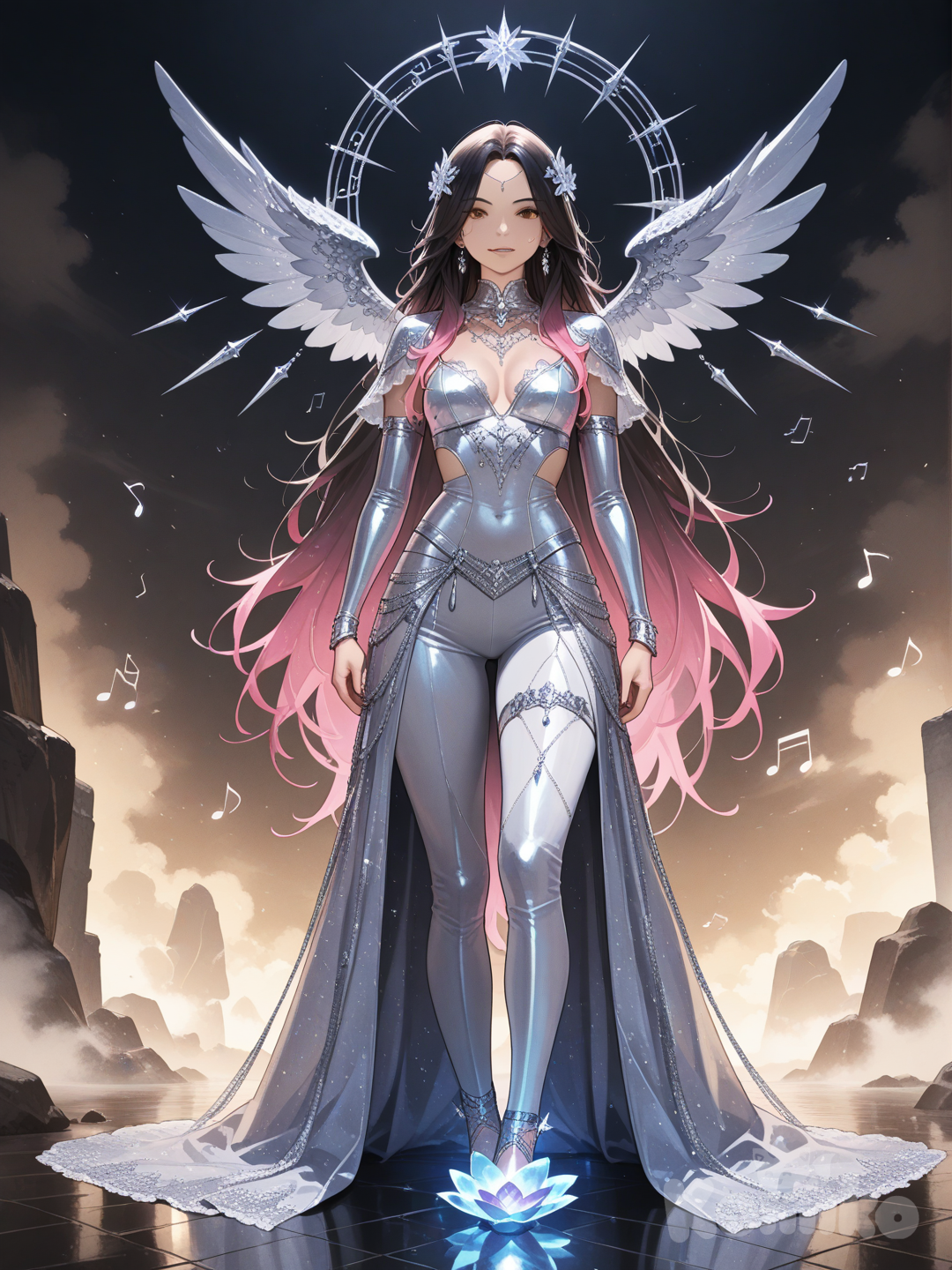 An ultra-detailed photograph shows a full-length, athletic, beautiful, and slender 25-year-old woman with a realistic body. capturing a stunning woman stand with super-long, straight hair Her brown eyes radiate confidence with A young Malaysian female character stands out with her vibrant long gradient black and pink hair, styled slightly messy, wearing a cool boho outfit featuring intricate silver elements. She is set against a backdrop of soft glowing flora and magical mist that fills a fantasy environment with a blend of futuristic and vintage technology. Delicate floating crystals and ancient runes add to the mystical ambiance, while warm, glowing hues of the flora and mist create a captivating atmosphere Su cabello luce liso y bien definido, con suaves notas musicales y el nombre "Luis Arcy" flotando suavemente alrededor de sus pies reflejando su pasión por la música y el arte.