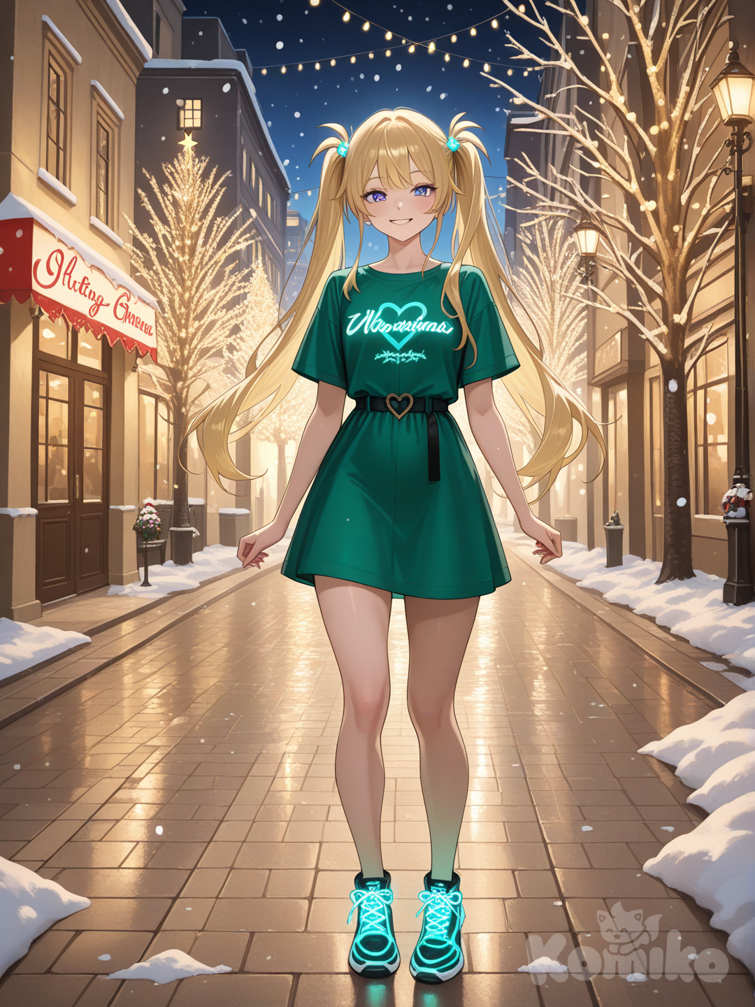 An ultra-detailed photograph shows a full-length athletic young woman de 25 años, hermosa, con un cuerpo realista. with long, vibrant blonde hair in pigtails. Her brown eyes radiate confidence with a radiant smile  exudes an irresistible presence. Her long, wavy hair boasts blonde highlights, accentuating her mesmerizing blue eyes. Dressed in a fitted green neon shirt dress, the text "Arcy's girl" is elegantly written in black lettering above a vibrant heart, adding a touch of personal flair. The city street behind her is illuminated by twinkling Christmas lights, snowflakes, and festive decorations, creating a warm and inviting atmosphere. The golden light envelops the scene, evoking a sense of serenity and joy, Su cabello luce liso y bien definido, con suaves notas musicales y el nombre "Luis Arcy" flotando suavemente alrededor de sus pies reflejando su pasión por la música y el arte.