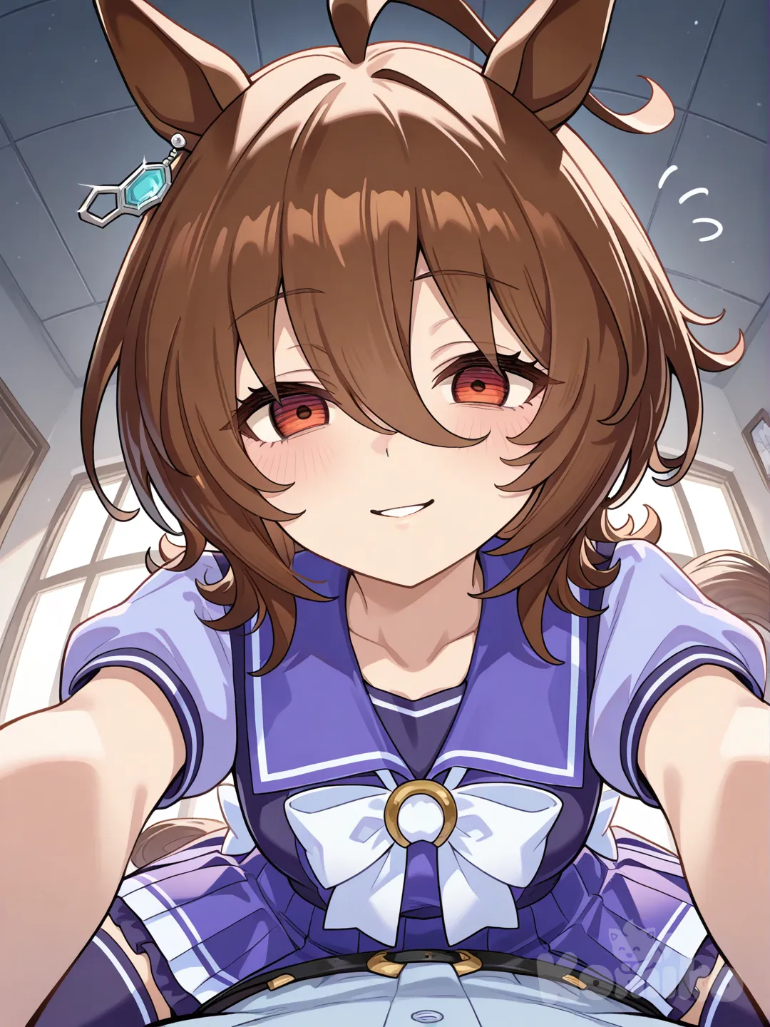 @Agnes_Tachyon_(Umamusume) Haz que Agnes esté sentada sobre el abdomen de una persona. Haz que el POV de la imagen sea de la persona que está debajo. Haz que el enfoque principal sea Agnes. Su expresión debe ser de ligera curiosidad y emoción