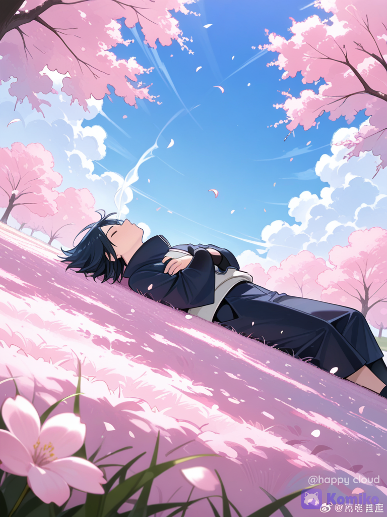@Uchiha_Sasuke He’s lying down on the grass beneath a blossoming tree, trying to relax and enjoy the amazing breeze,ultra-wide shot