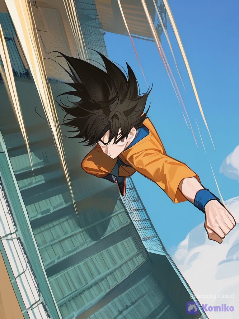 [high-contrast-glossy-style], @Son_Goku, from above He’s fighting and facing anime characters from different worlds to see who is the best, who is the strongest, who is the smartest, and who is the fastest., jumping from rooftop, closeup, looking at viewer