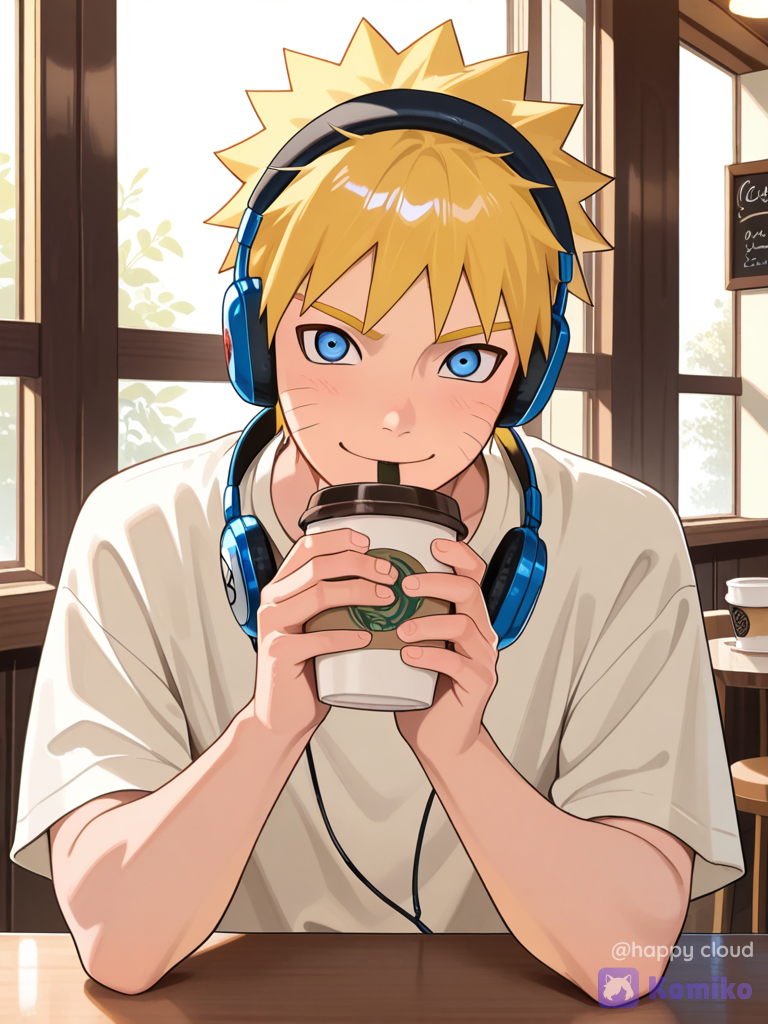 Uzumaki Naruto, headphones, cafe, 1boy, solo, sitting, table, coffee cup, drinking, casual clothes, looking at viewer, smile, blond hair, short hair, blue eyes, whisker markings, window, natural lighting